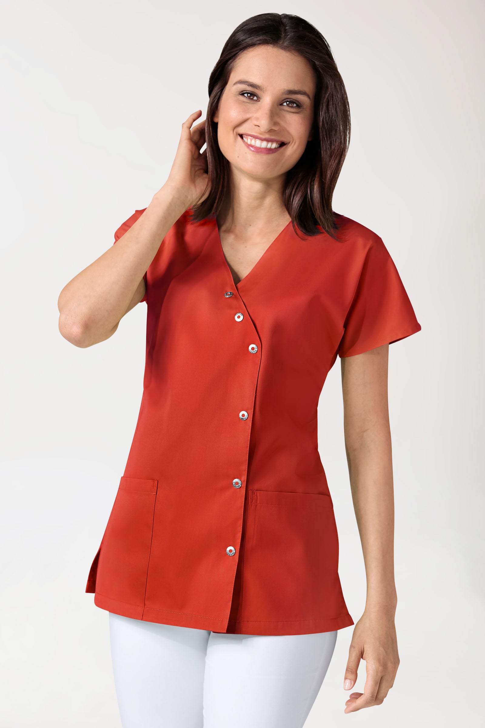 Tuniek dames - asymmetrische knoopsluiting mandarijnrood