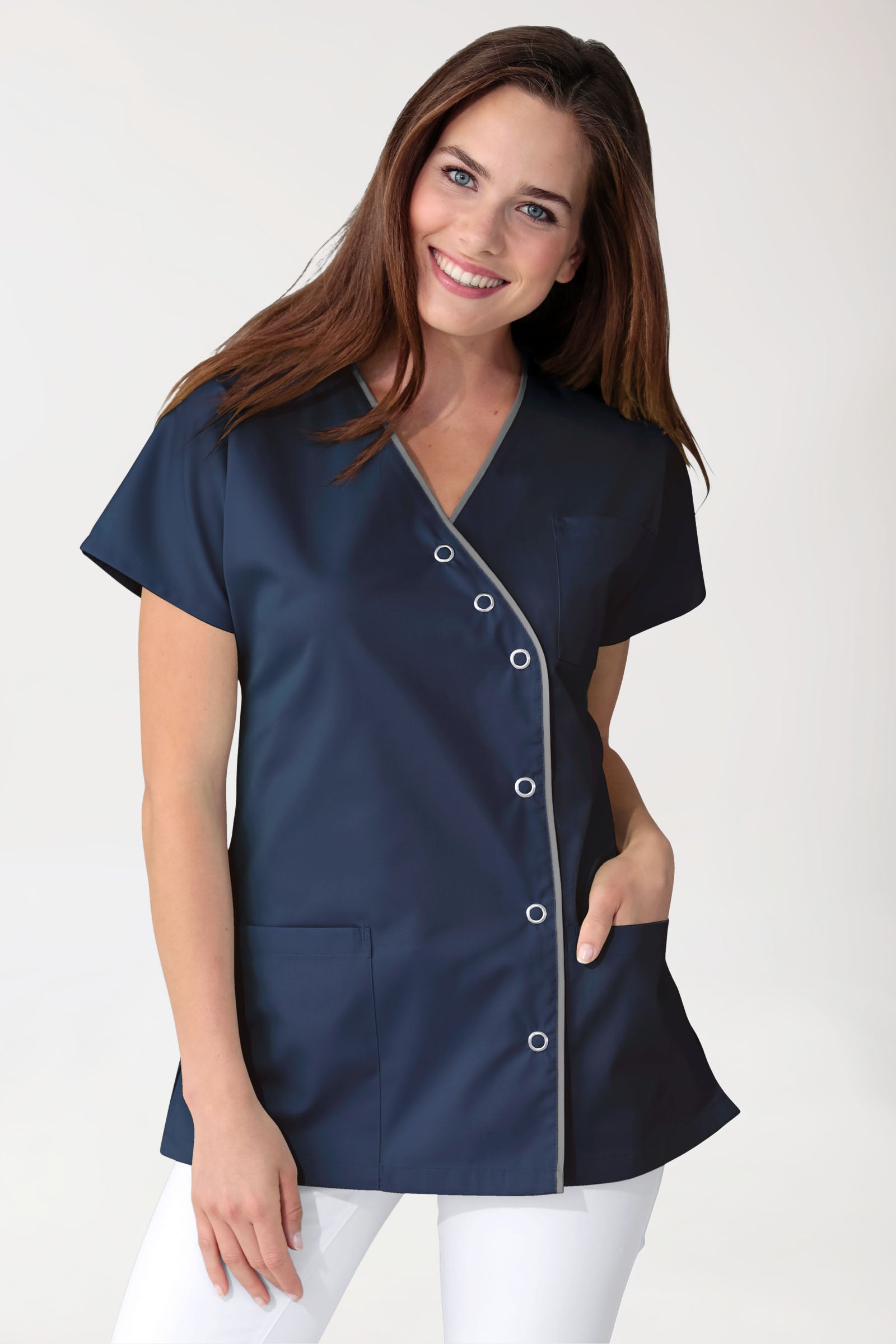 Beauty tuniek dames - asymmetrische knoopsluiting navy/grijs