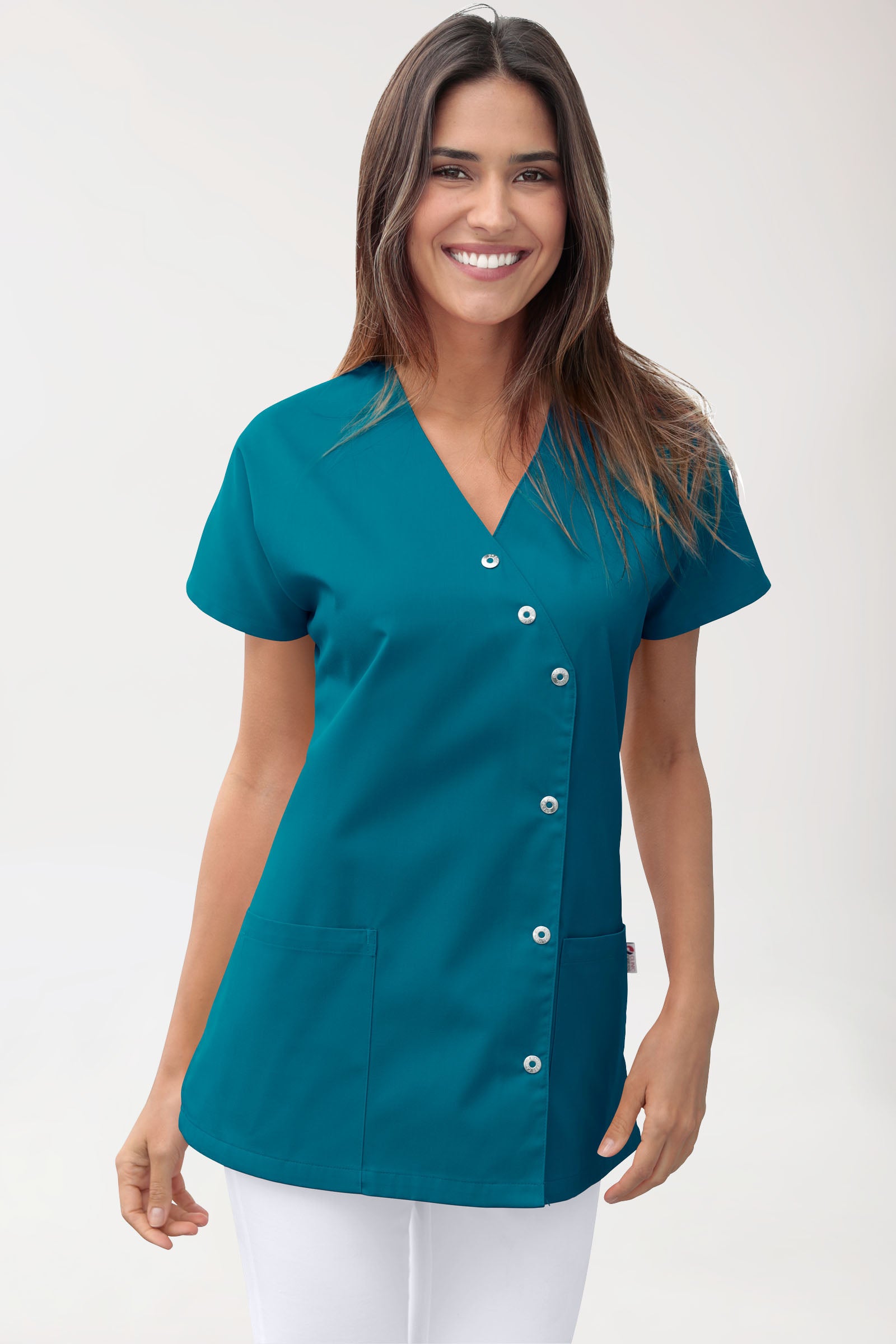 Beauty tuniek dames - asymmetrische knoopsluiting petrol