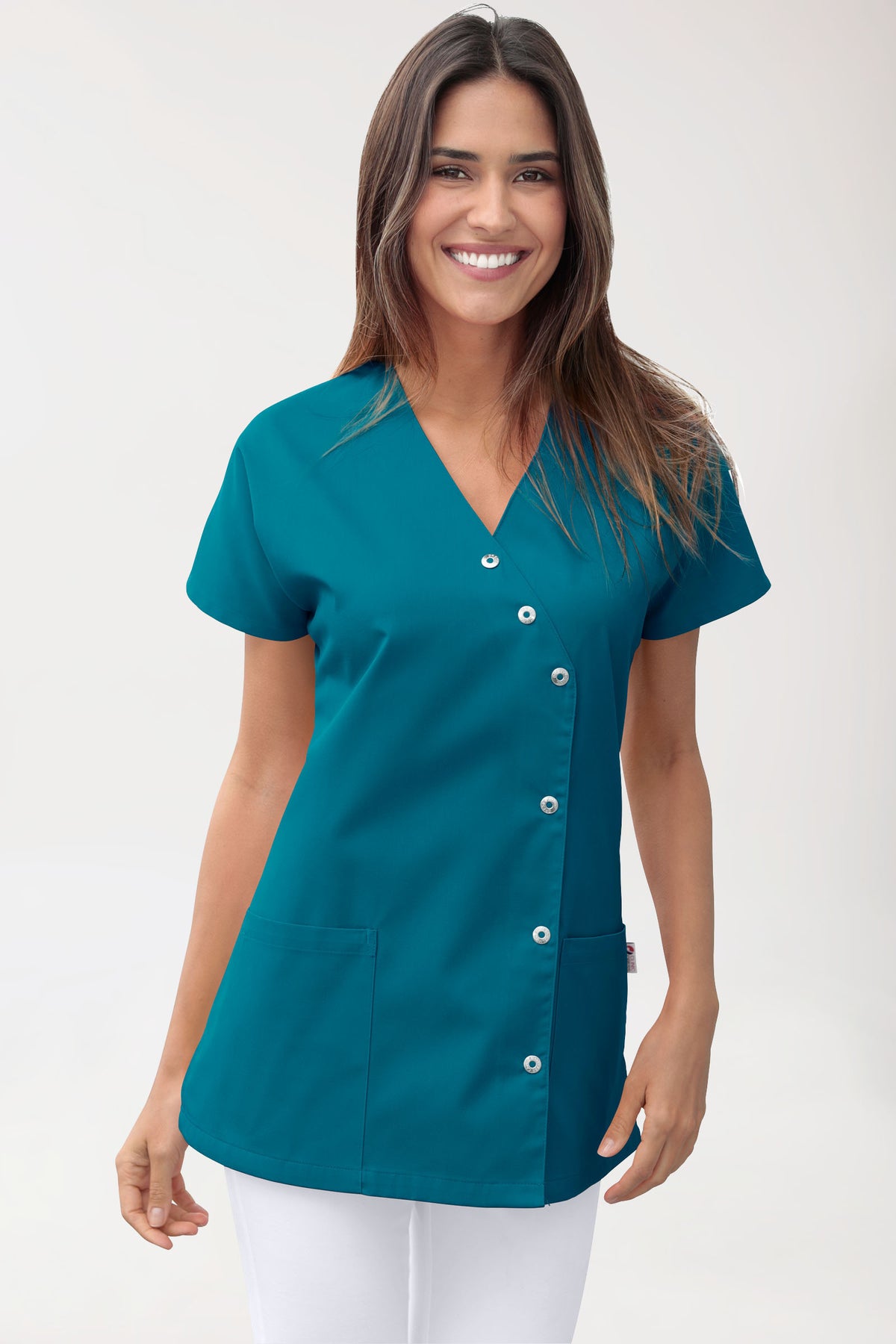 Beauty tuniek dames - asymmetrische knoopsluiting petrol