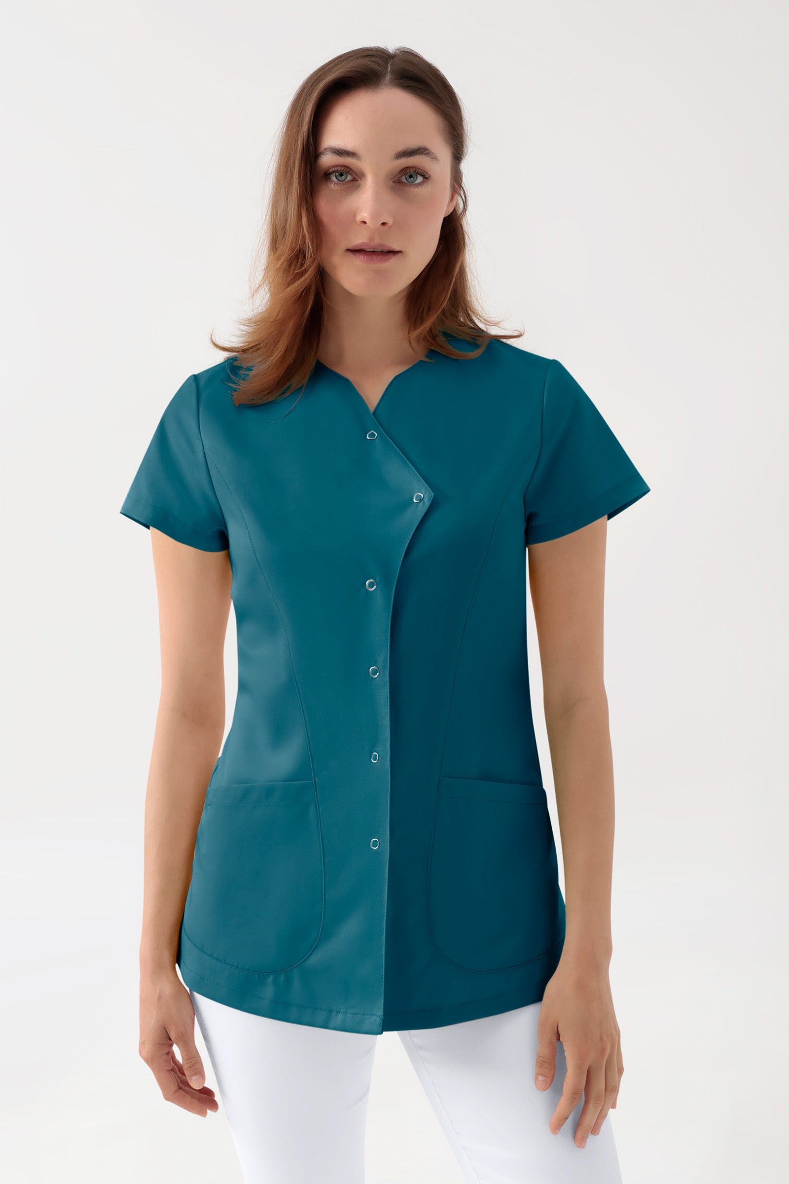 GREEN Stretch tuniek dames - asymetrische knoopsluiting petrol