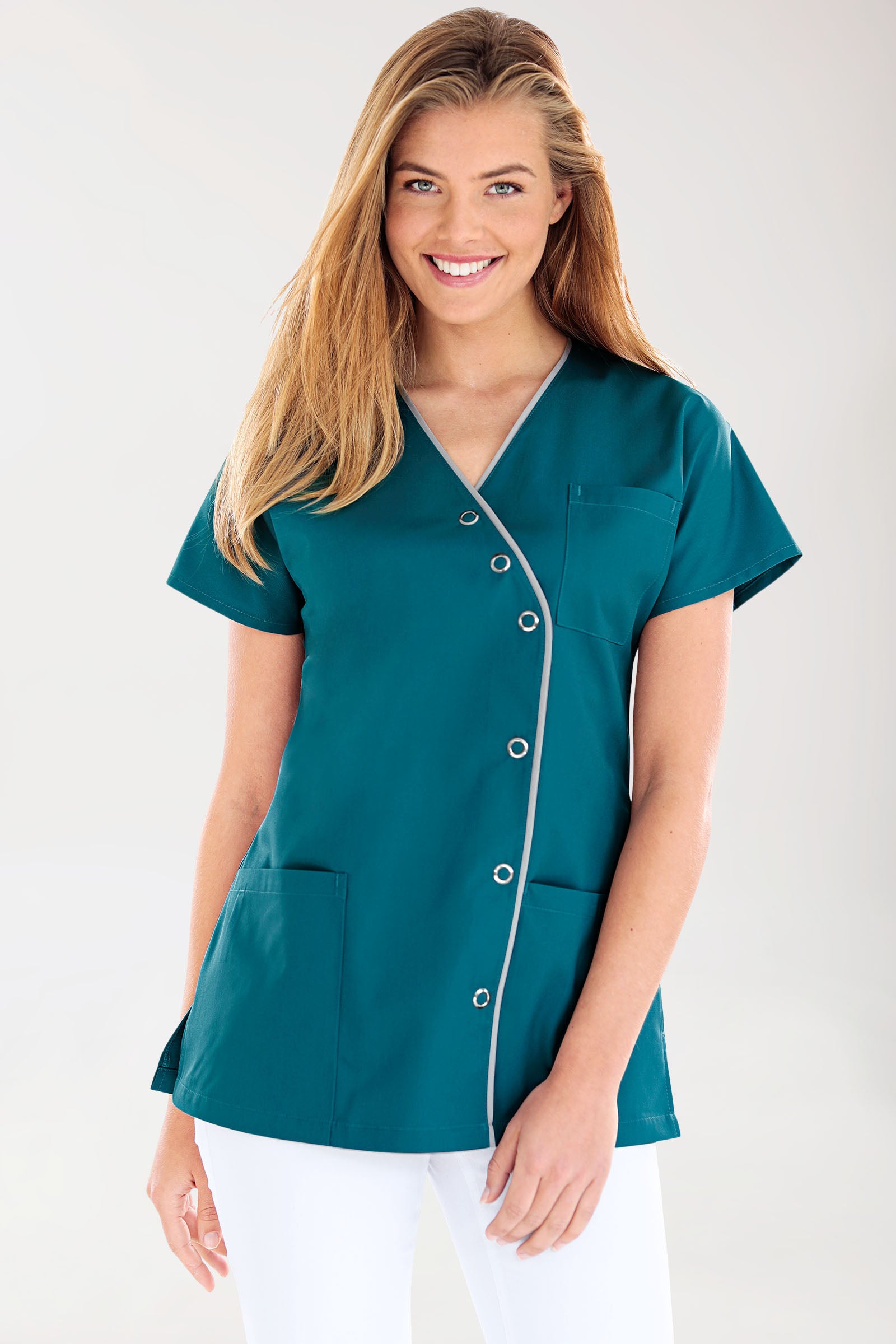 Beauty tuniek dames - asymmetrische knoopsluiting petrol/grijs