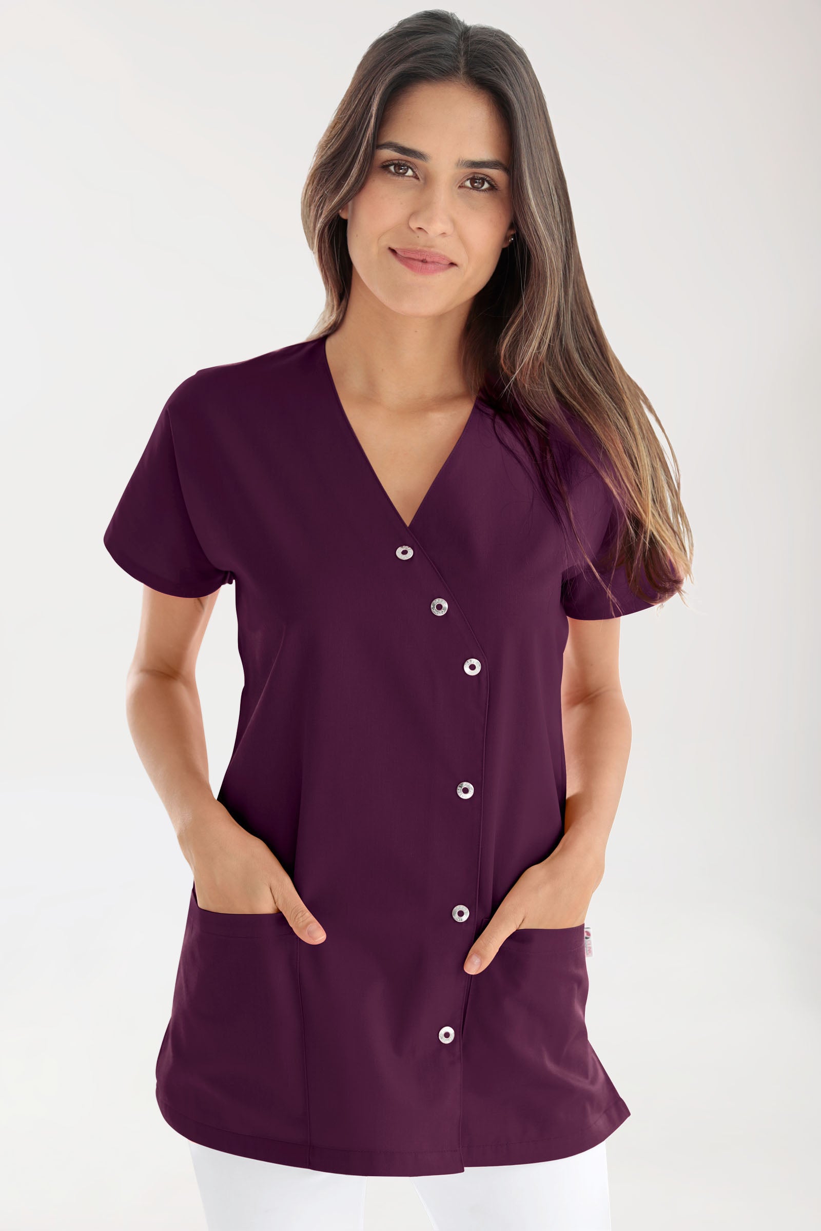 Beauty tuniek dames - asymmetrische knoopsluiting pruimen