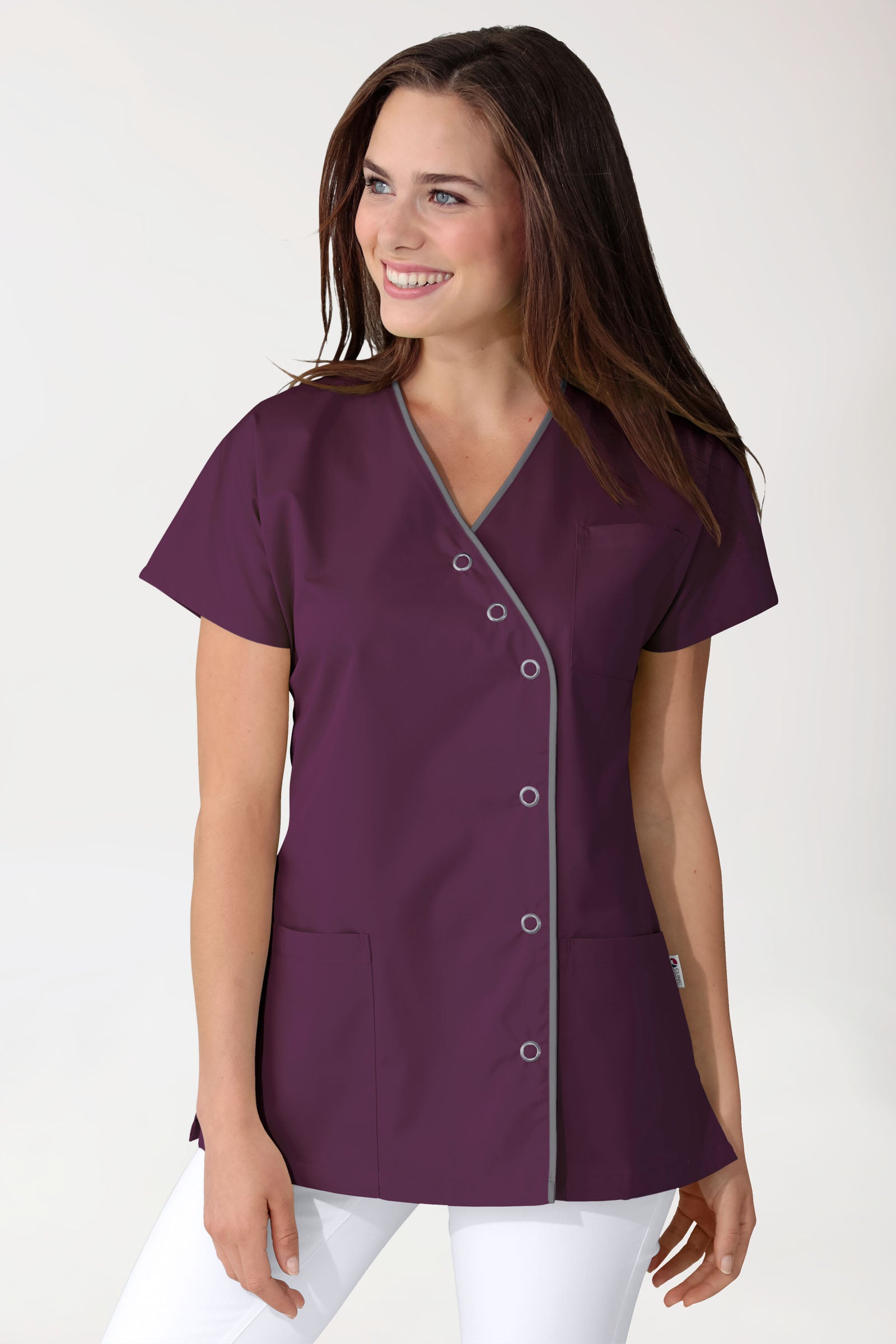 Beauty tuniek dames - asymmetrische knoopsluiting pruimen/grijs
