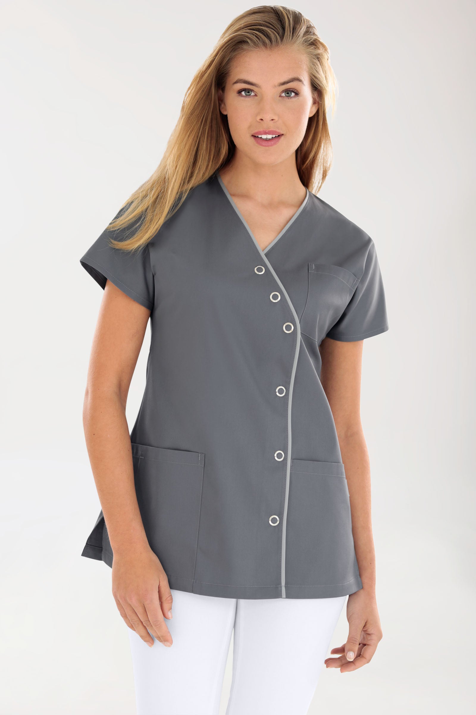 Beauty tuniek dames - asymmetrische knoopsluiting steengrijs/grijs, Voorzijde view