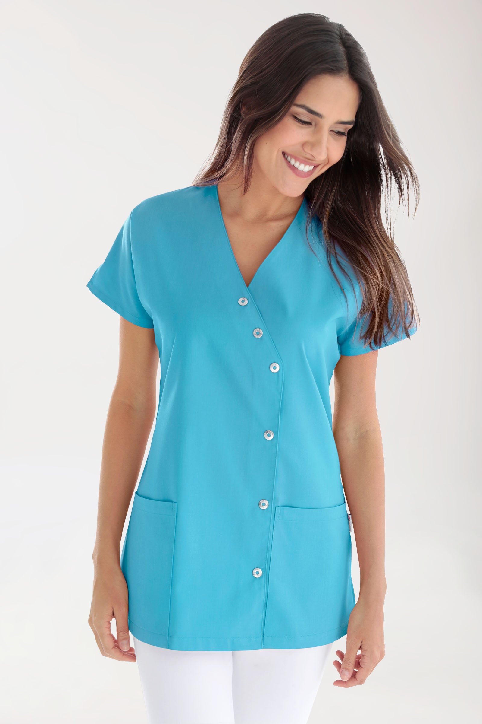 Beauty tuniek dames - asymmetrische knoopsluiting turquoise, Voorzijde view