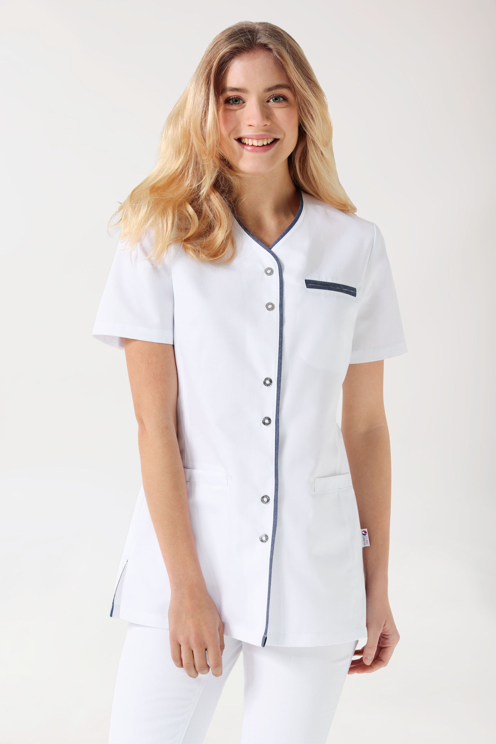 Beauty tuniek dames - met knoopsluiting wit/jeansblauw