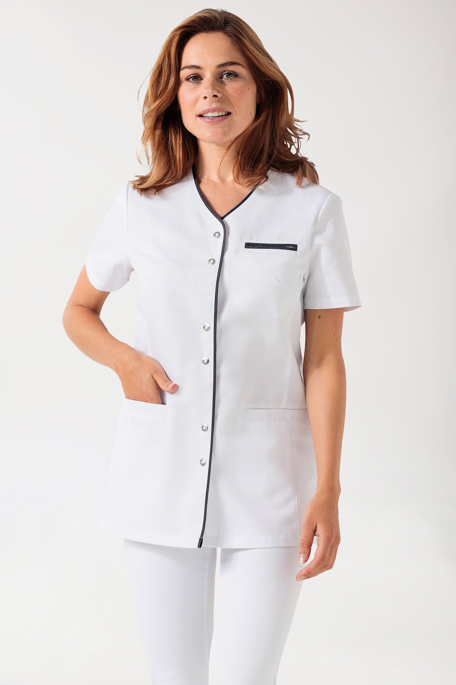 Beauty tuniek dames - met knoopsluiting wit/navy