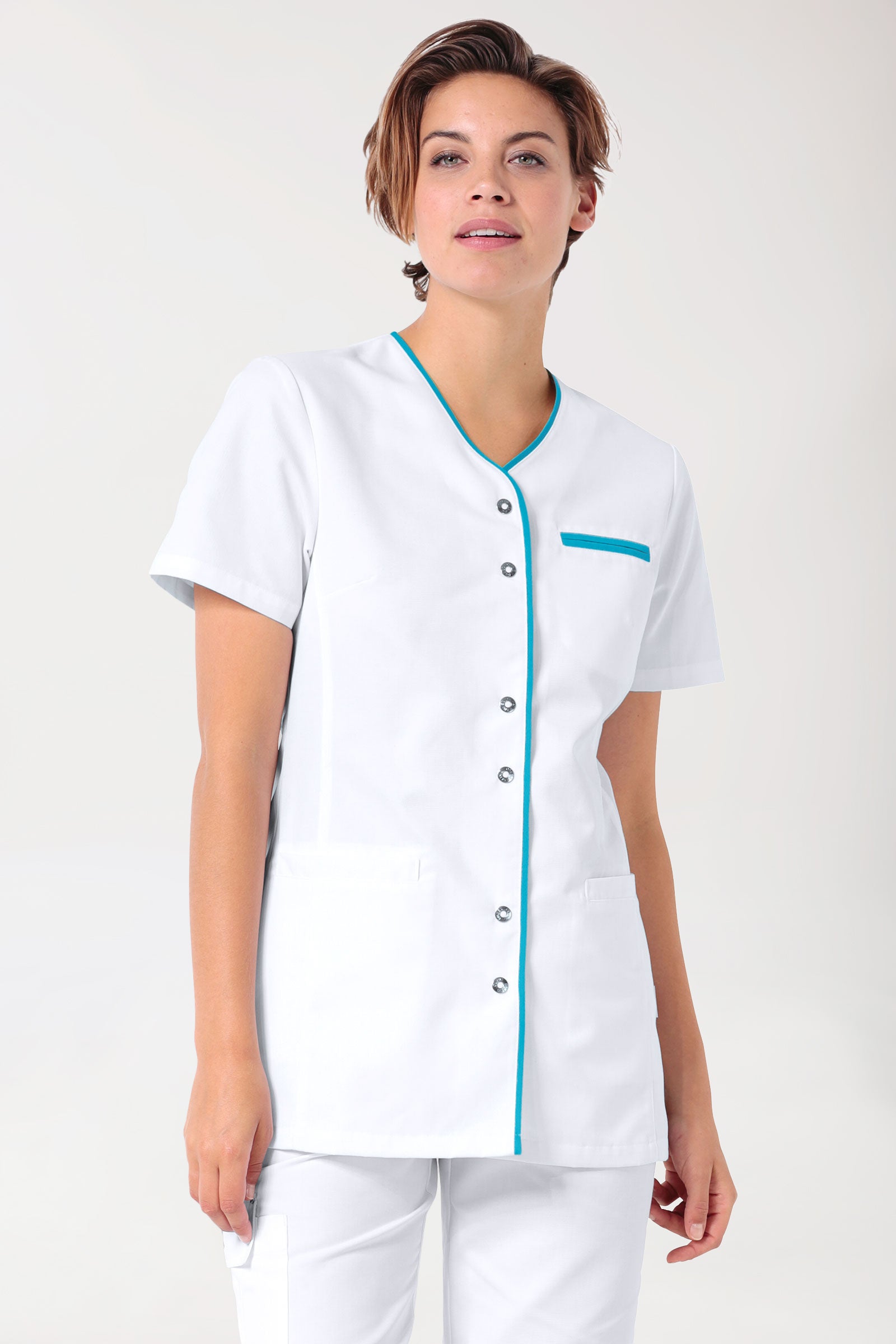 Beauty tuniek dames - met knoopsluiting wit/turquoise