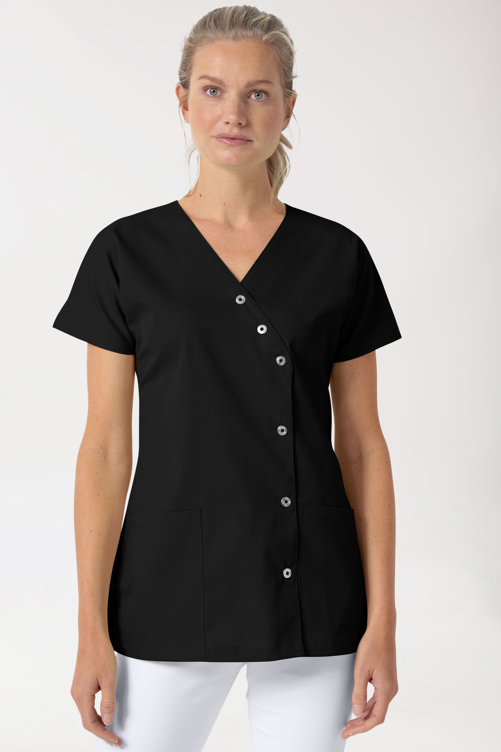 Beauty tuniek dames - asymmetrische knoopsluiting zwart