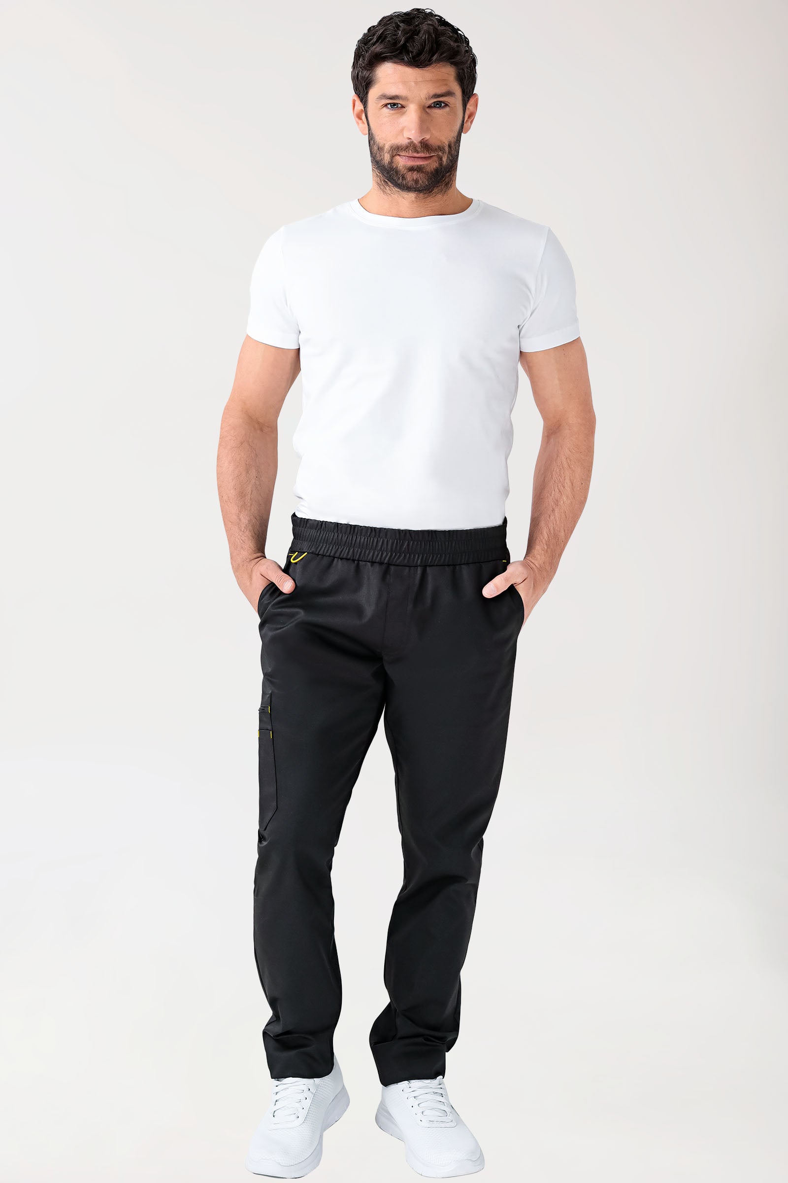 CLINIC STRETCH broek heren - rechte zoom korte maat zwart/geel