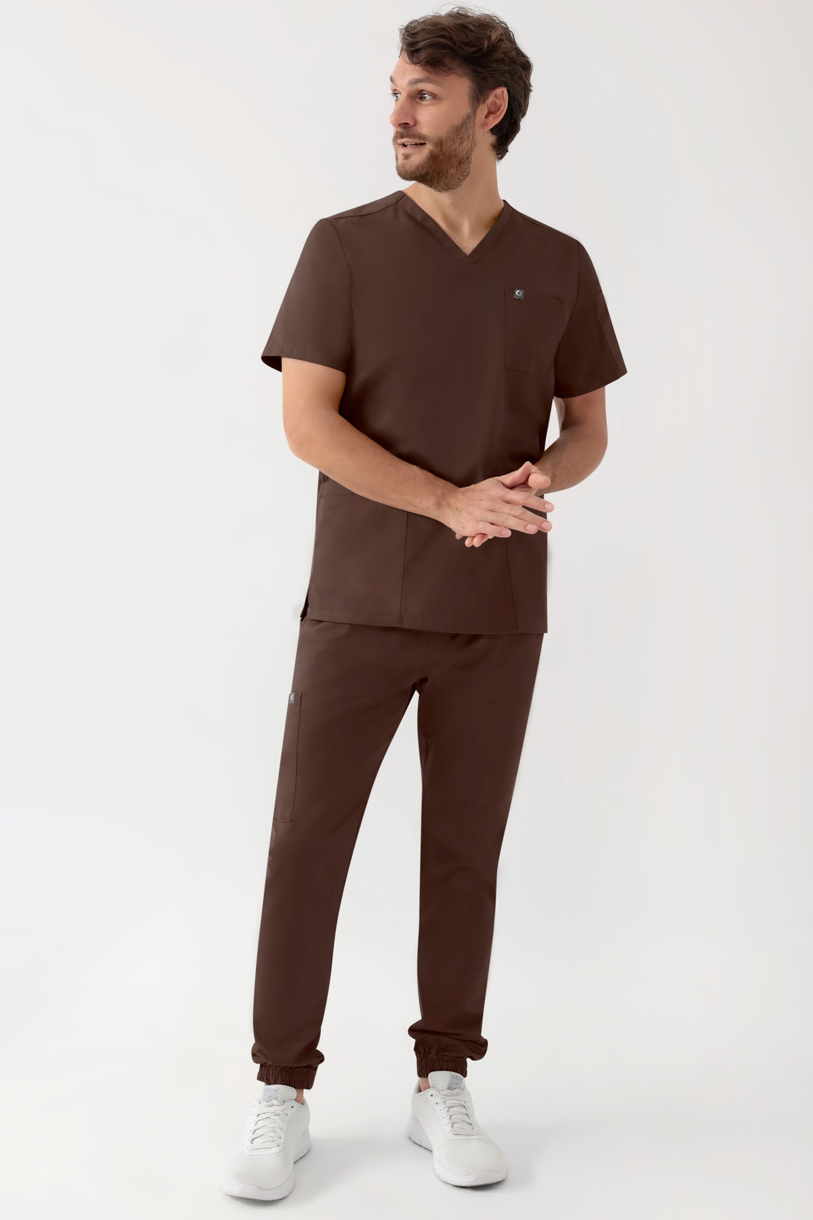 GREEN Stretch oversteektuniek heren - V-hals coffee