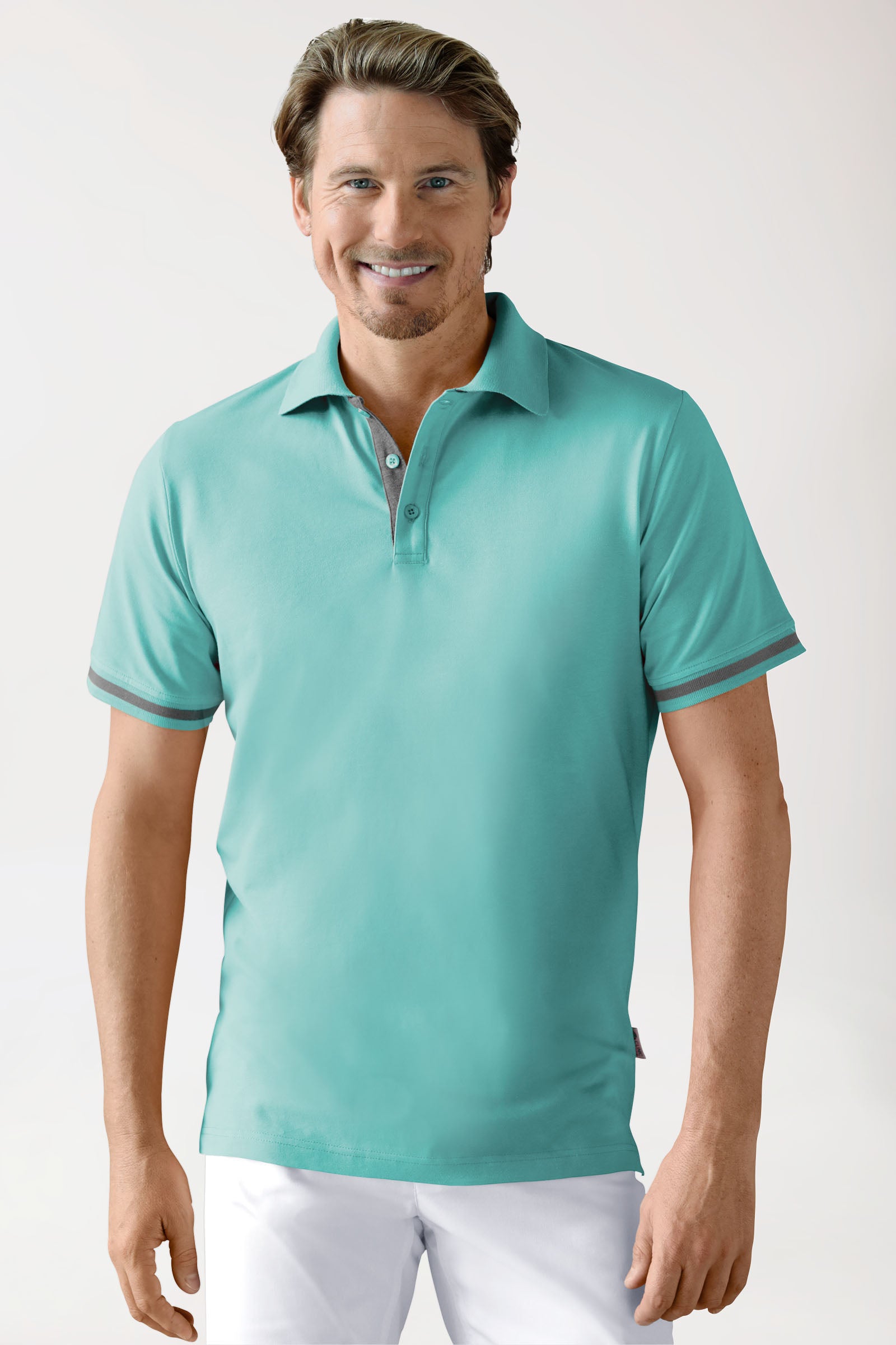 Stretch shirt heren - polokraag aqua green/donkergrijs melange, Voorzijde view