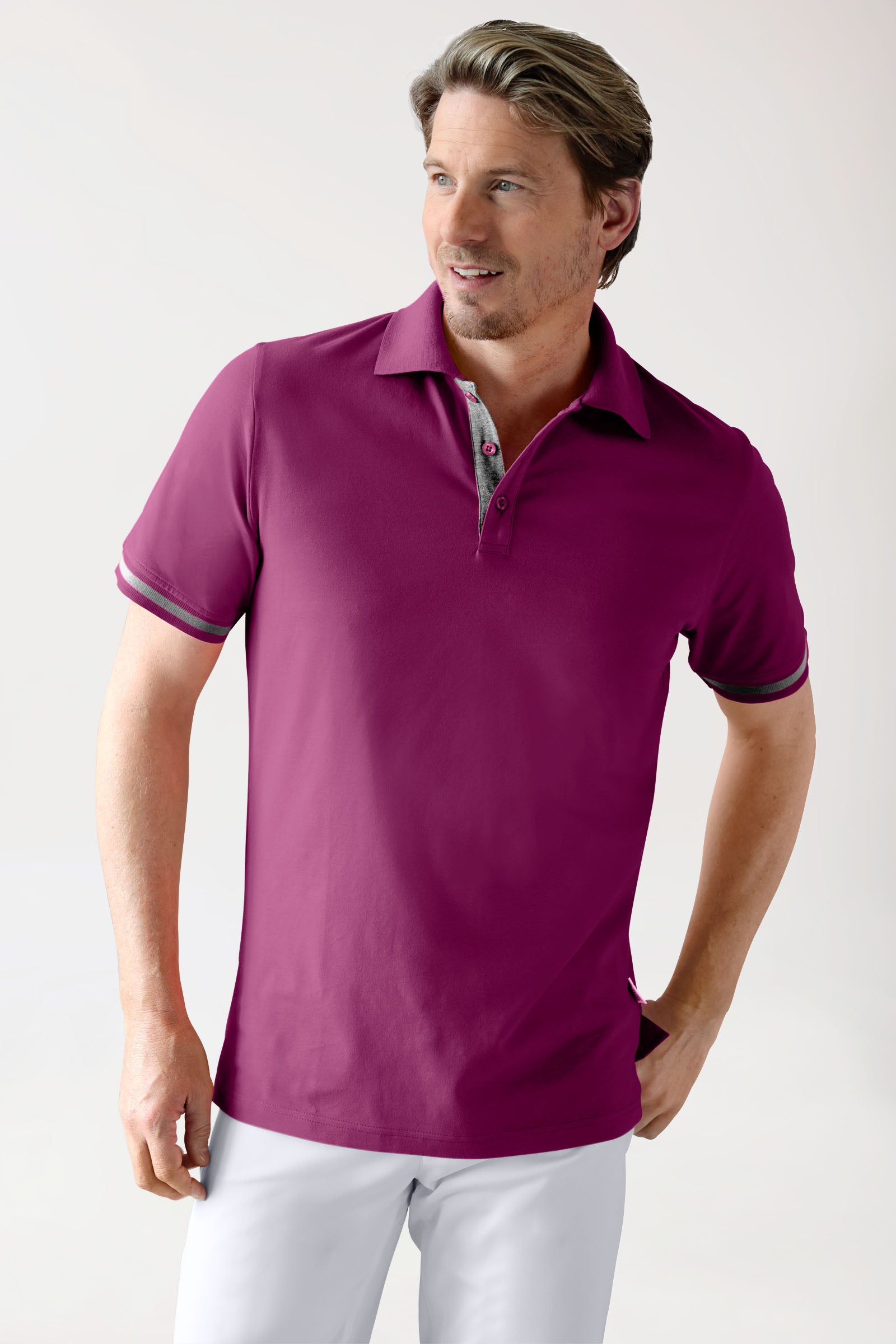 Stretch shirt heren - polokraag berry/donkergrijs melange