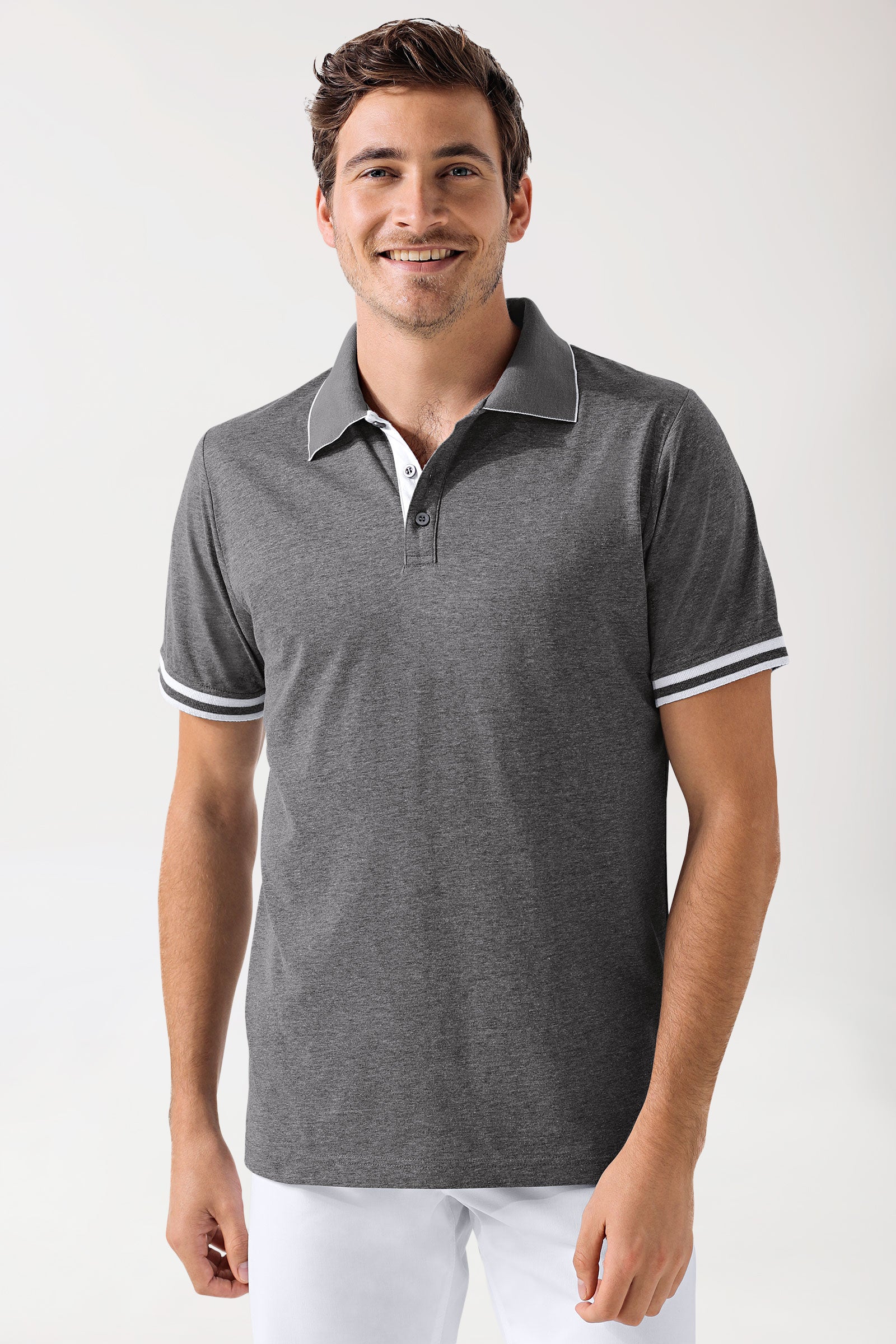 Stretch shirt heren - polokraag-knoopsluiting- donkergrijs melange/wit