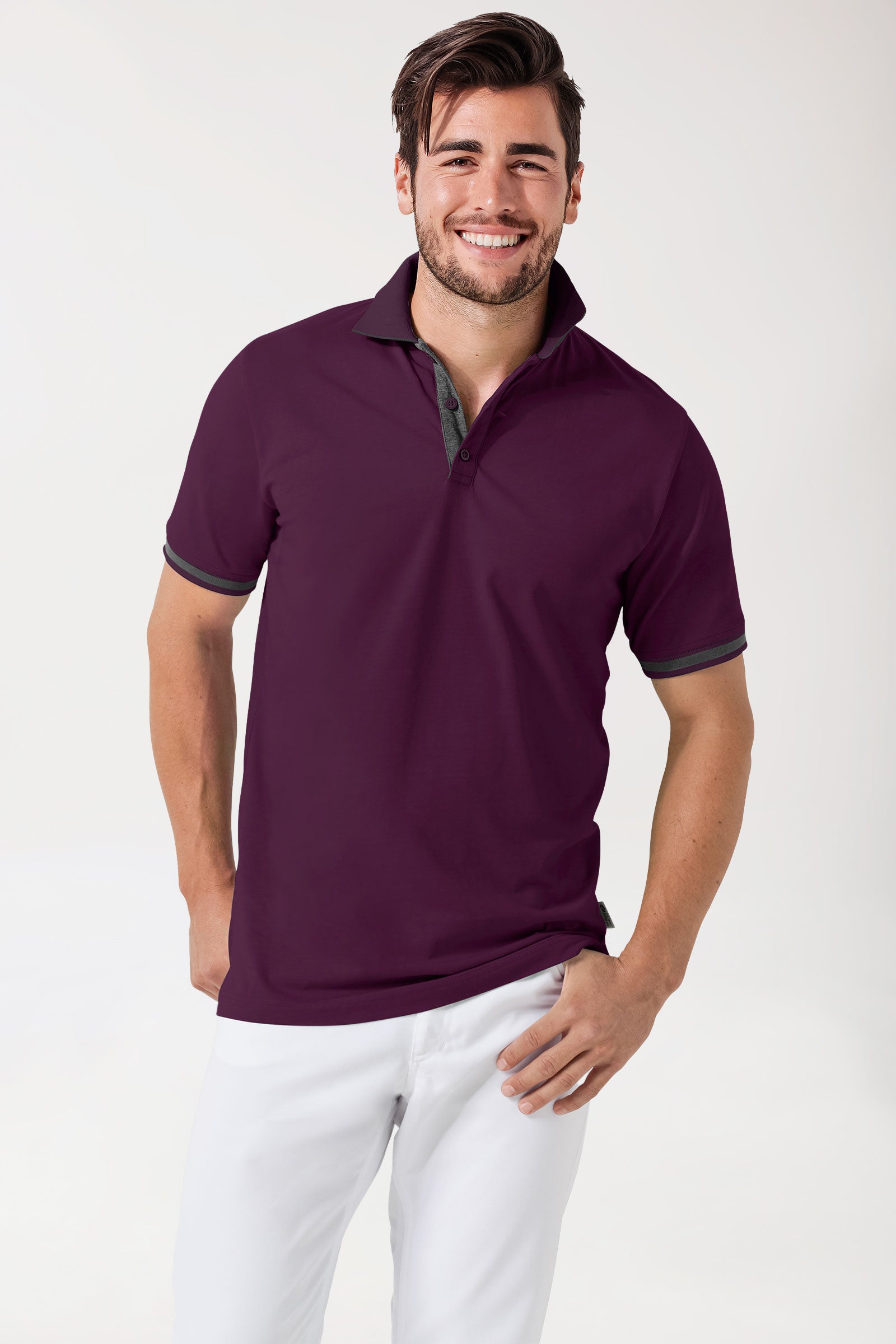 Stretch shirt heren - polokraag pruimen/donkergrijs melange
