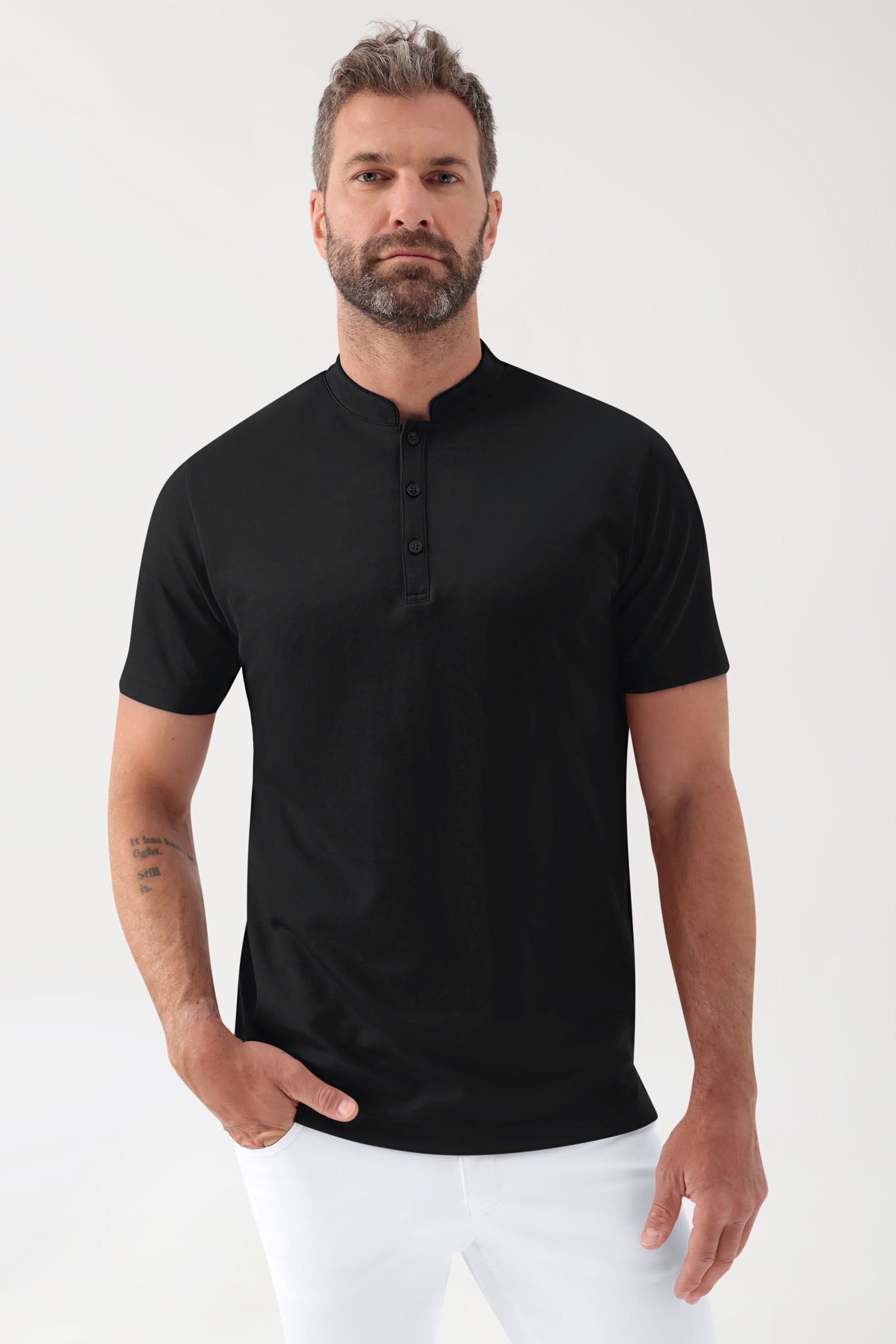 COMFY FLEX stretch shirt heren - opstaande kraag zwart, Voorzijde view