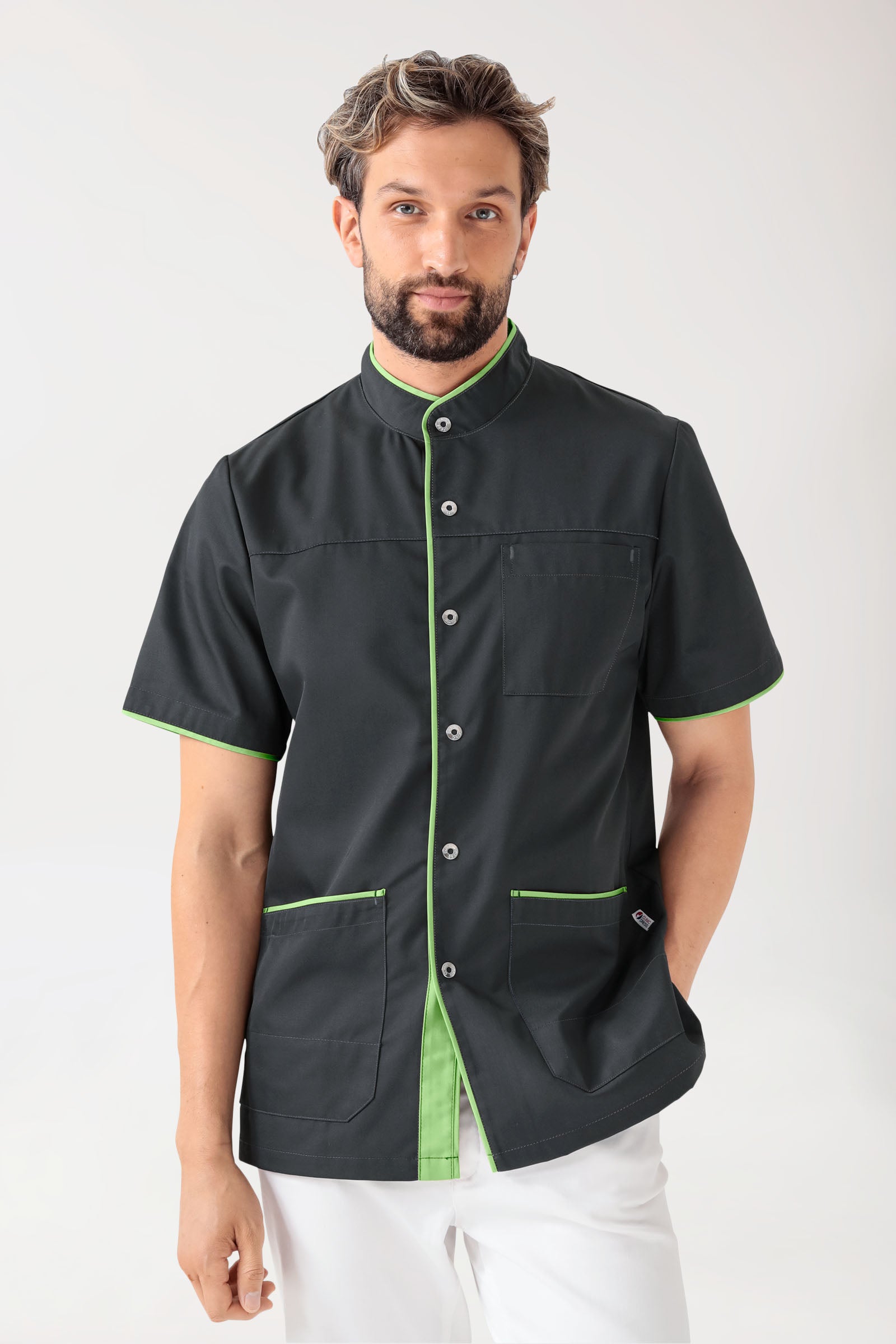Beauty tuniek heren - met knoopsluiting antraciet/appelgroen