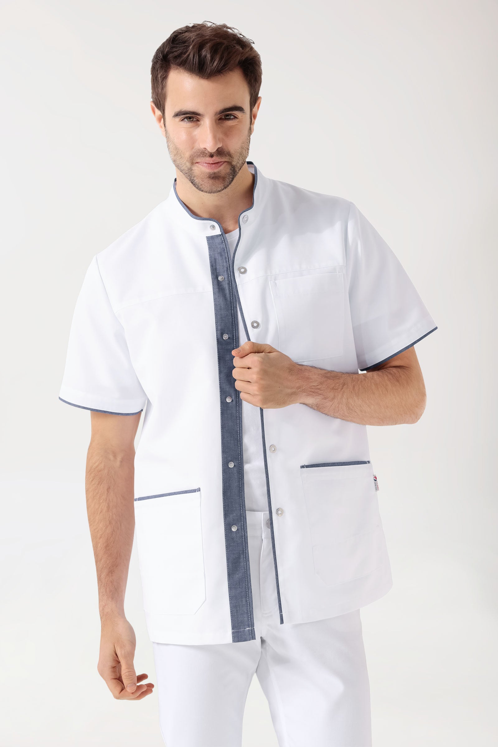 Beauty tuniek heren - met knoopsluiting wit/jeansblauw