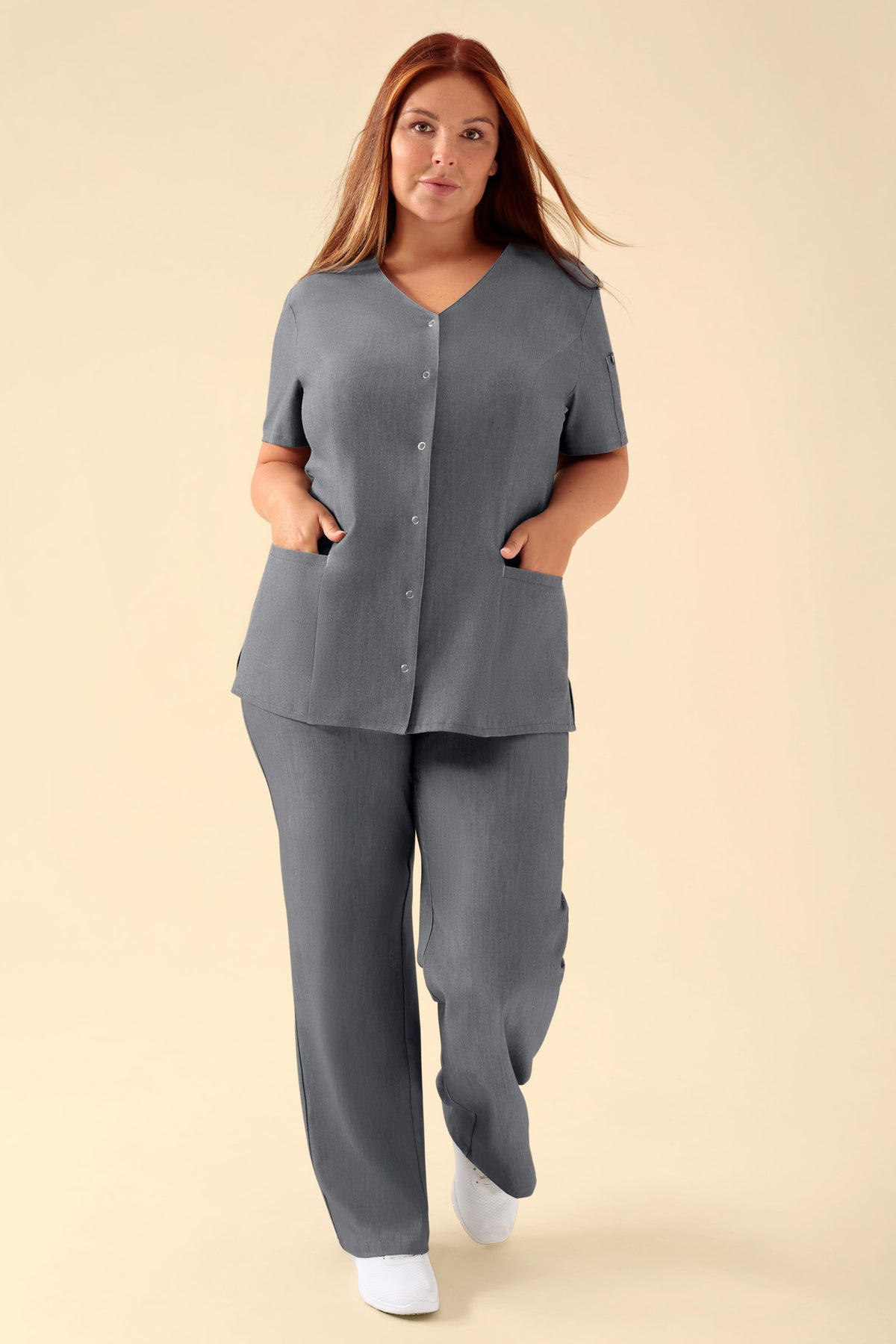 KAERE tuniek dames - drukknoopsluiting donkergrijs melange, Voorzijde view Het model is 173 cm lang en draagt maat XL