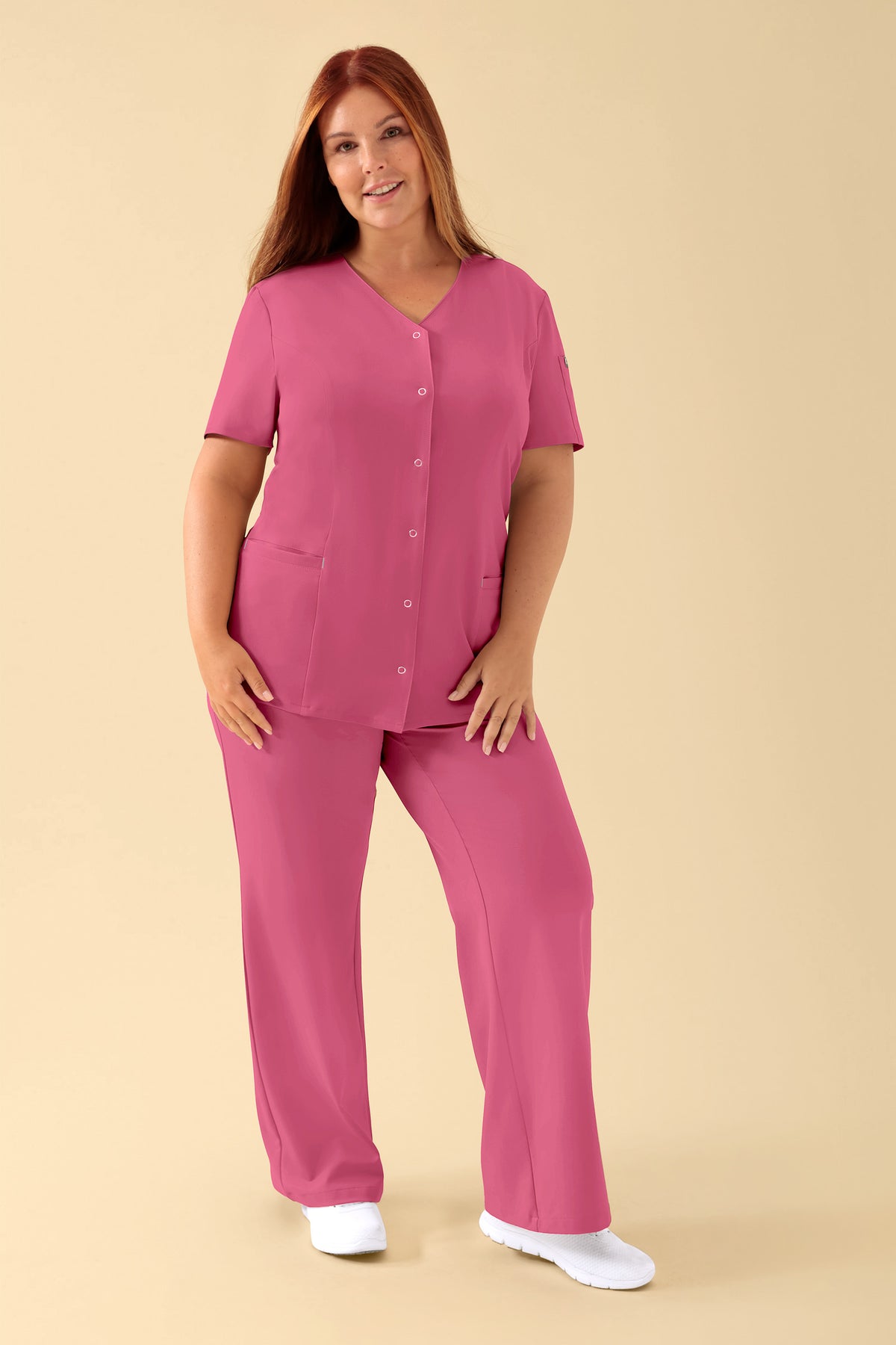 KAERE tuniek dames - drukknoopsluiting oud rose, Voorzijde view Het model is 173 cm lang en draagt maat XL