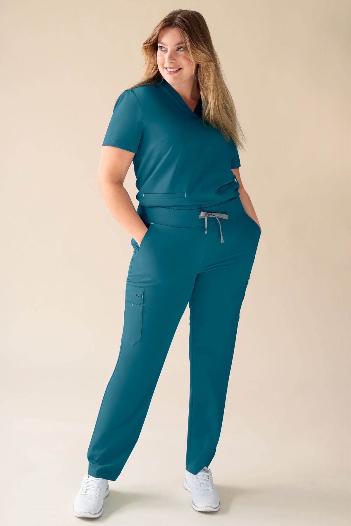 KAERE broek dames - met beenzak petrol, Voorzijde view Het model is 174 cm lang en draagt maat XL