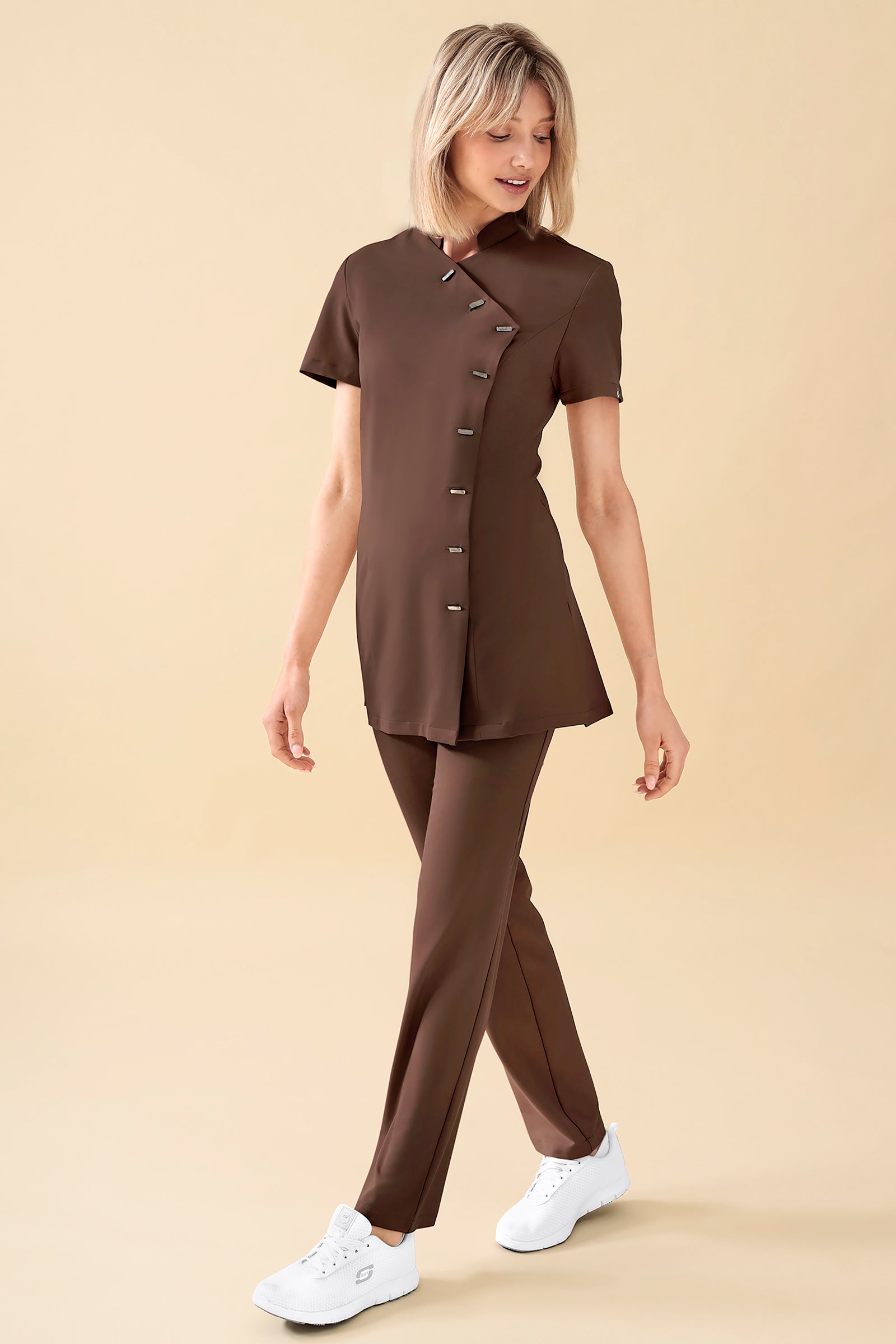 KAERE tuniek dames - asymetrische knoopsluiting coffee