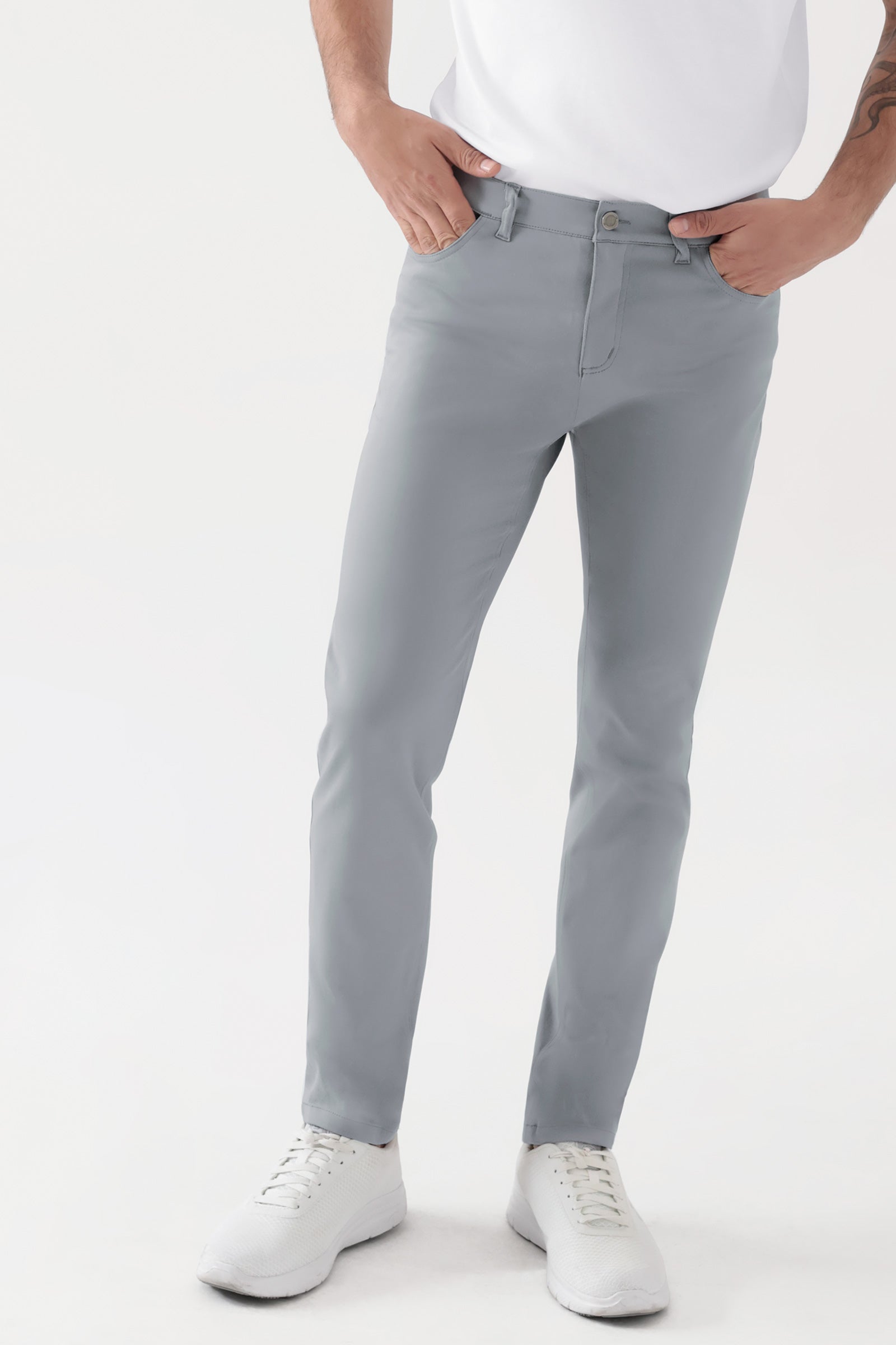 COMFY FLEX 5-pocket broek heren - slanke pijp grijs, Voorzijde view Het model is 188 cm lang en draagt maat 48