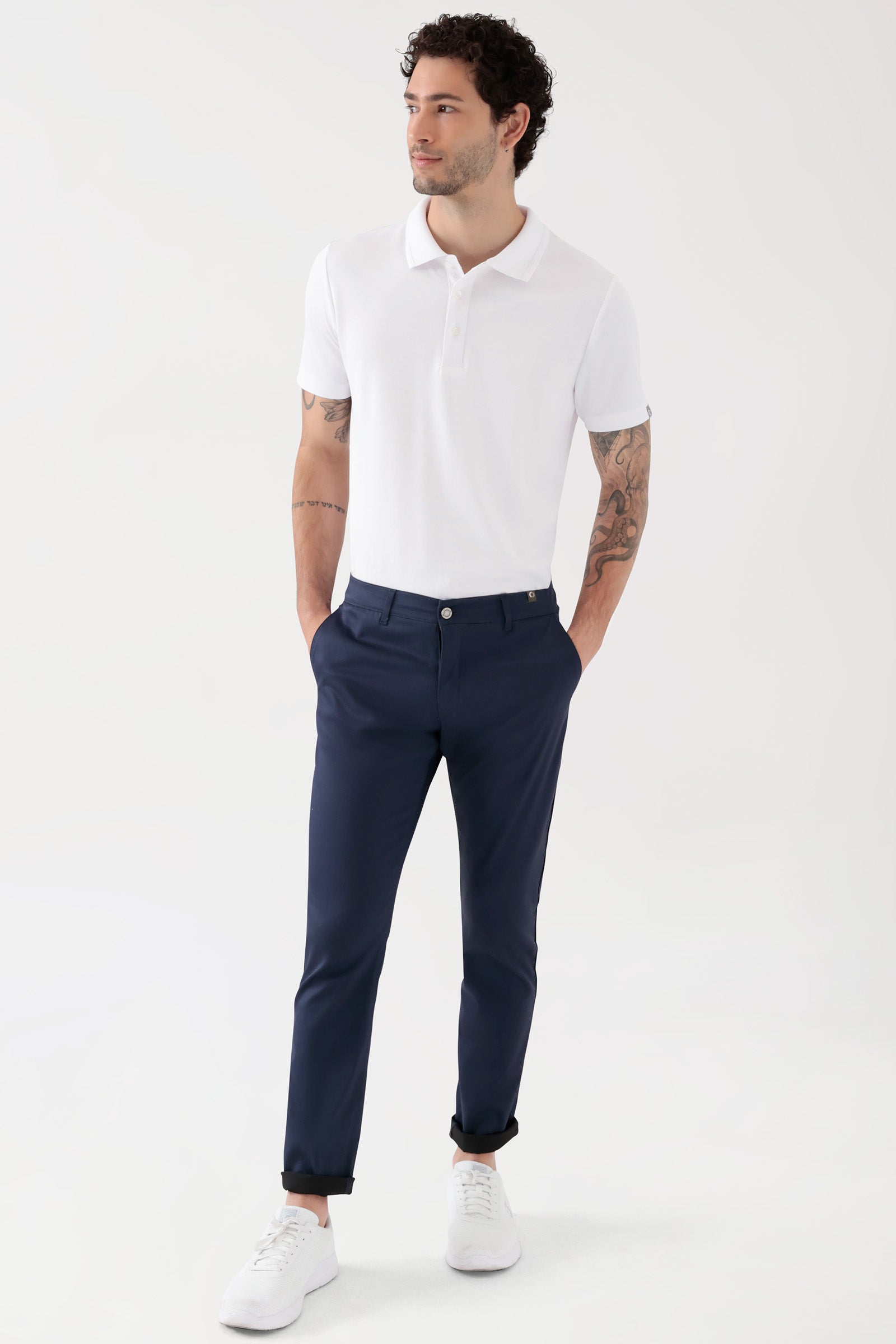COMFY FLEX broek heren - chino stijl navy, Voorzijde view Het model is 188 cm lang en draagt maat 48