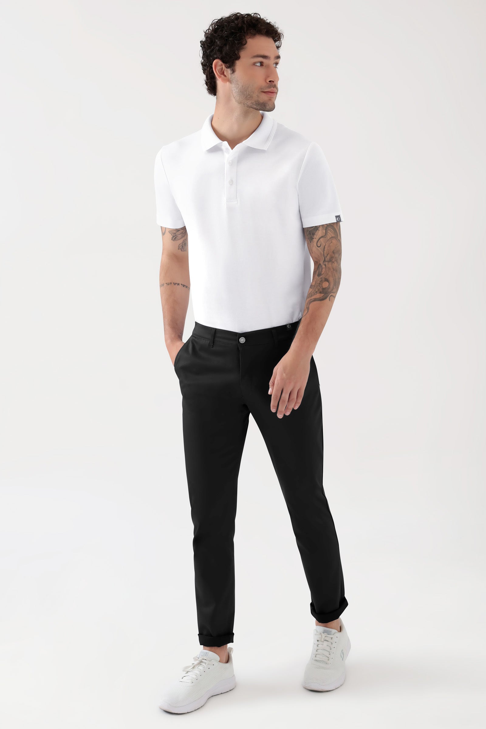 COMFY FLEX broek heren - chino stijl zwart, Voorzijde view Het model is 188 cm lang en draagt maat 48