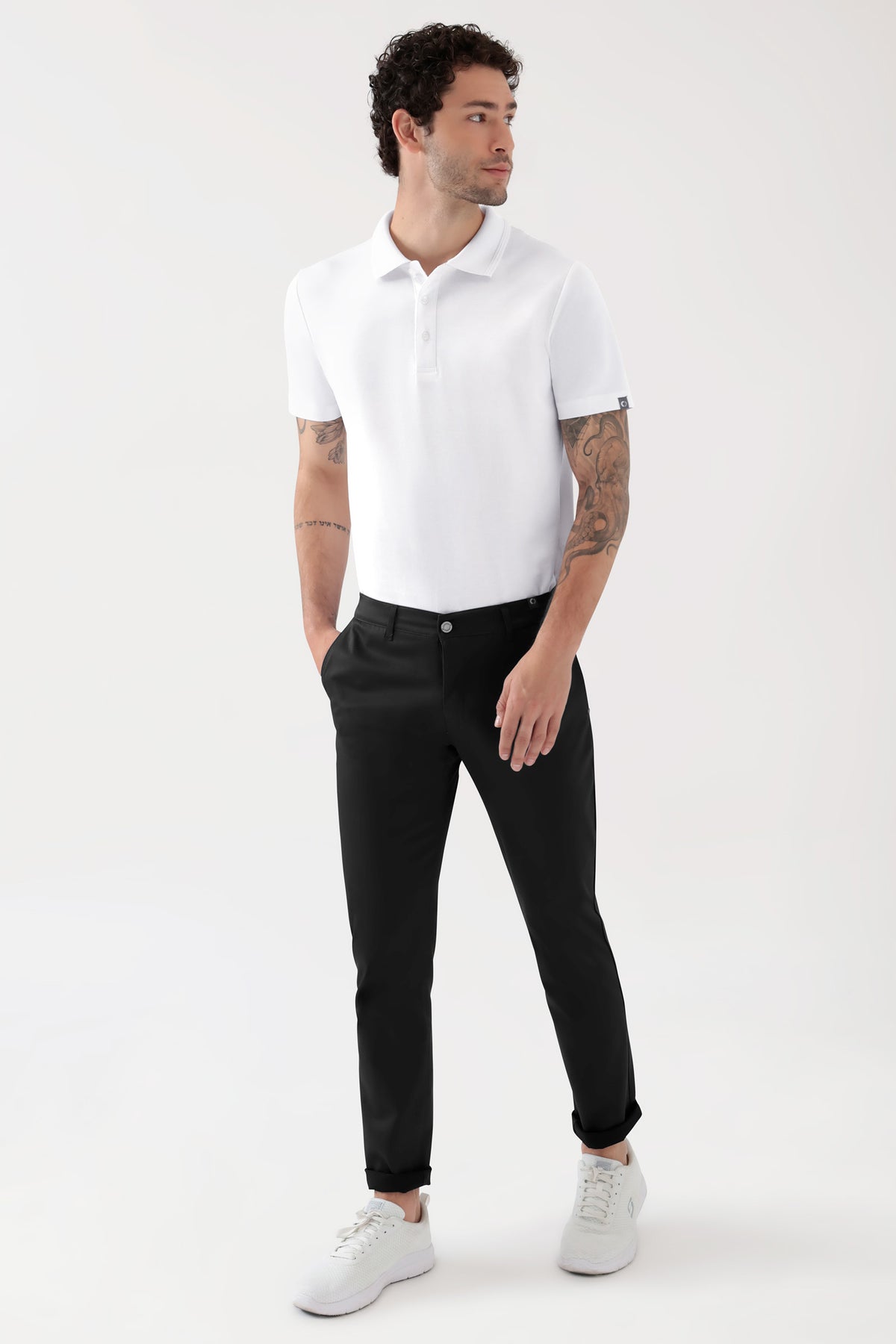 COMFY FLEX broek heren - chino stijl zwart, Voorzijde view Het model is 188 cm lang en draagt maat 48
