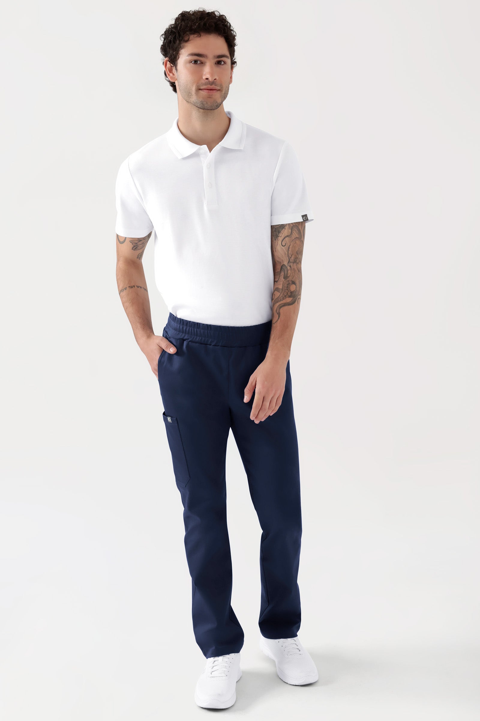 COMFY FLEX Stretch broek Unisex - 1/1 Lengte navy, Voorzijde view Het model is 188 cm lang en draagt maat M
