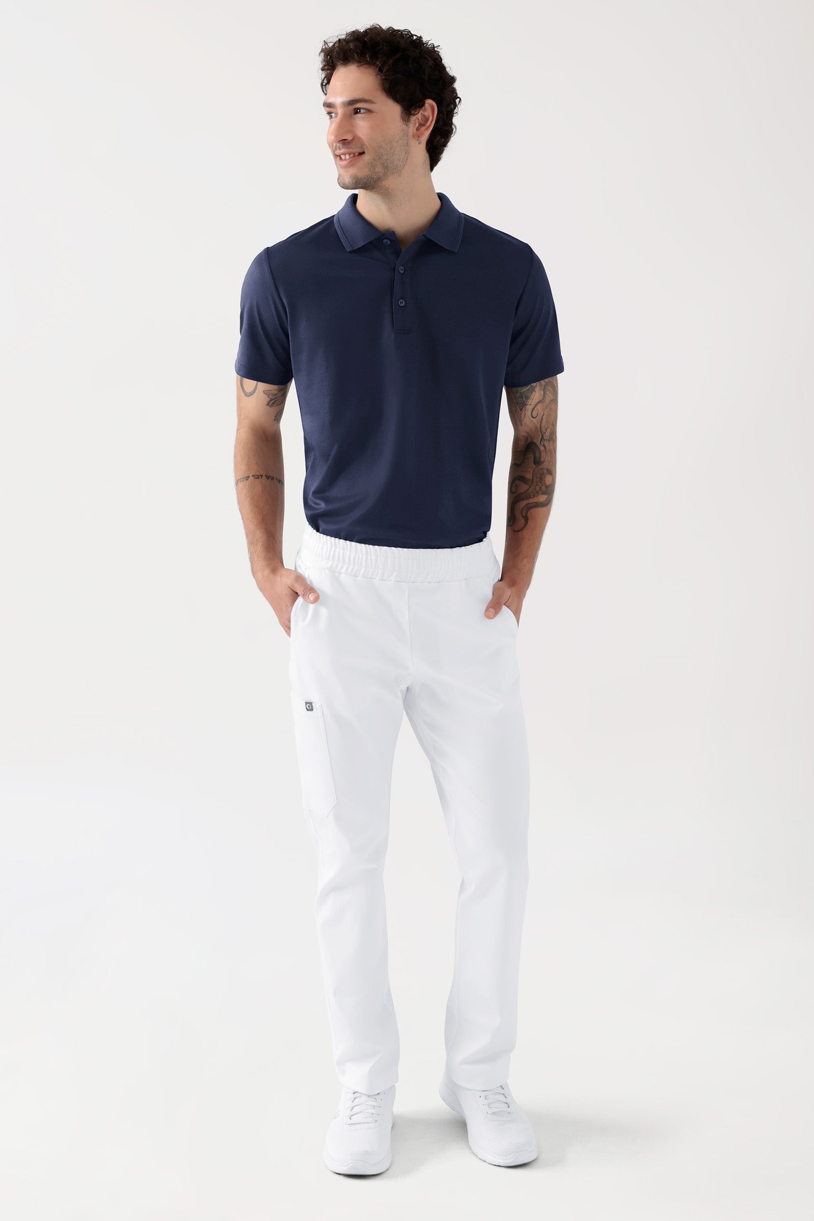 COMFY FLEX Stretch broek Unisex - 1/1 Lengte wit, Voorzijde view Het model is 188 cm lang en draagt maat M