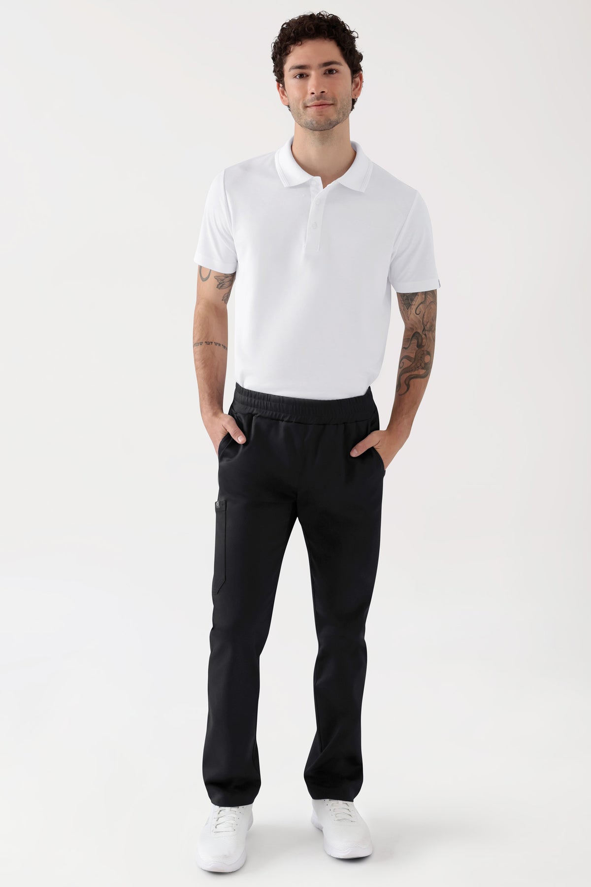 COMFY FLEX Stretch broek Unisex - 1/1 Lengte zwart, Voorzijde view Het model is 188 cm lang en draagt maat M