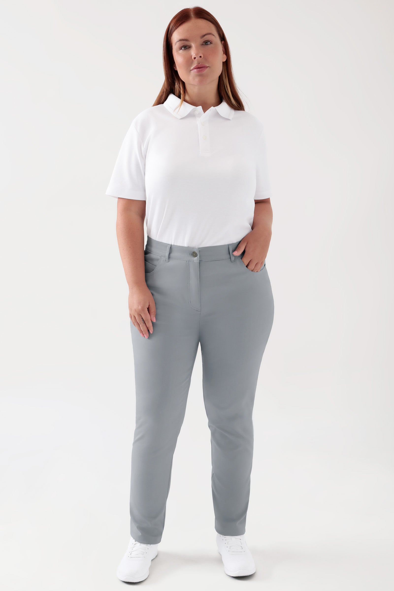 COMFY FLEX 5-pocket broek dames - slanke pijp grijs, Voorzijde view Het model is 173 cm lang en draagt maat 46