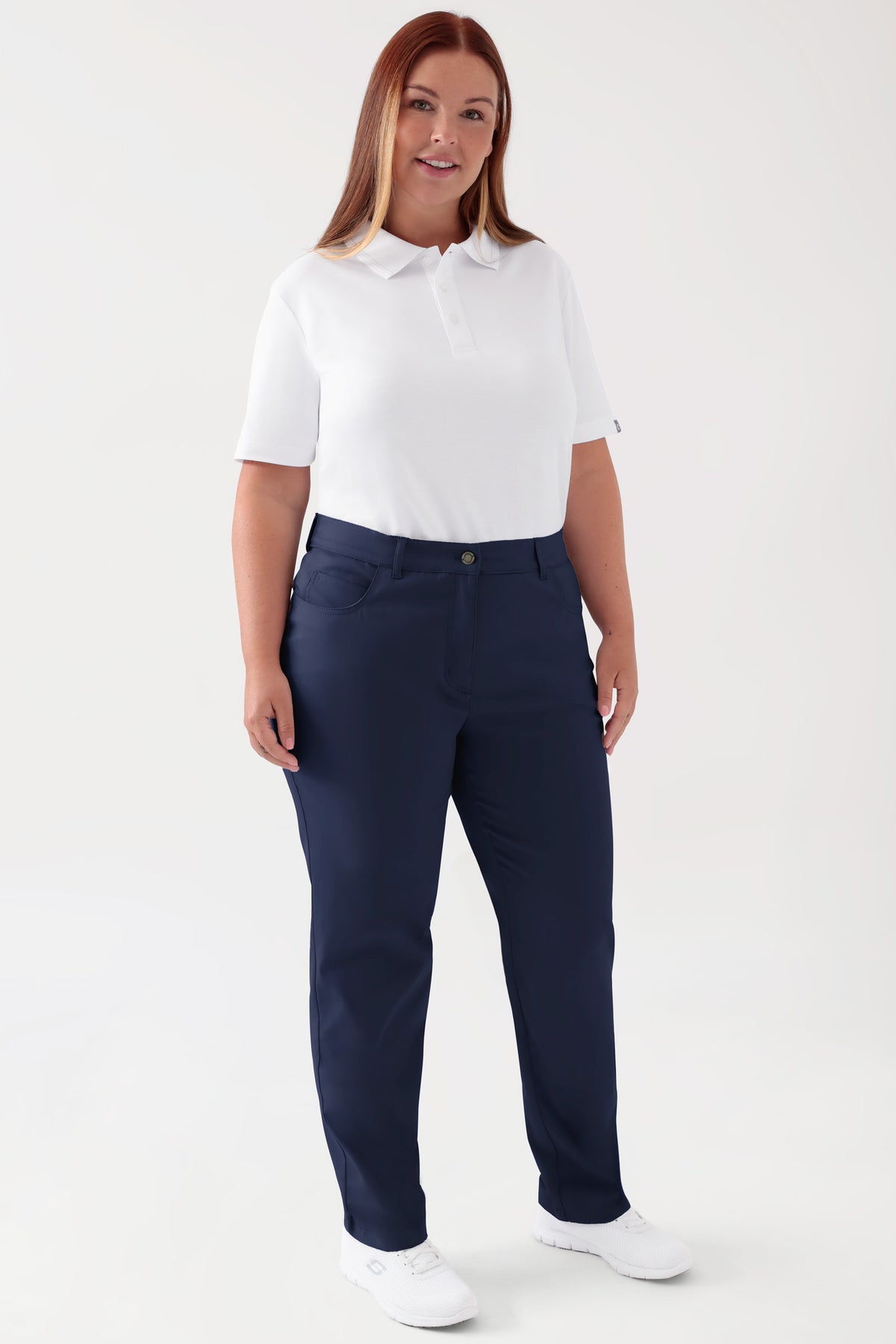 COMFY FLEX 5-pocket broek dames - rechte pijp navy, Voorzijde view Het model is 173 cm lang en draagt maat 46