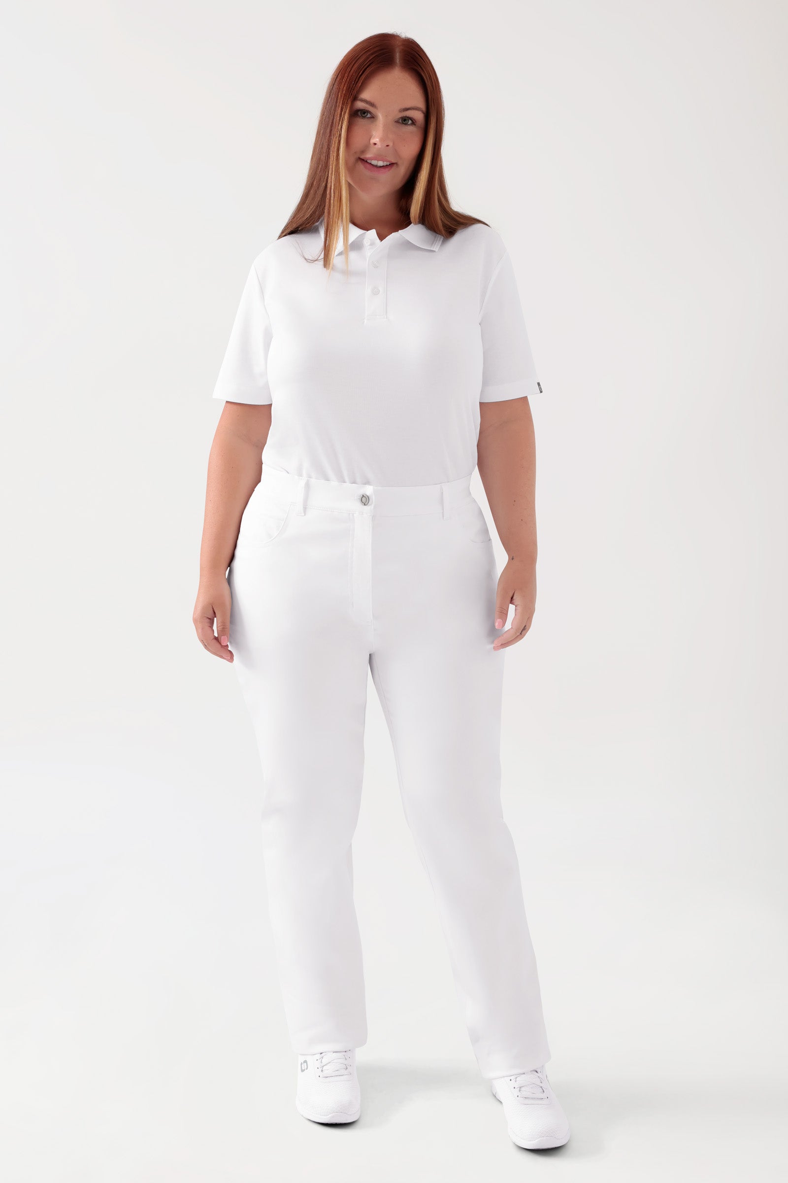 COMFY FLEX 5-pocket broek dames - rechte pijp wit, Voorzijde view Het model is 173 cm lang en draagt maat 46