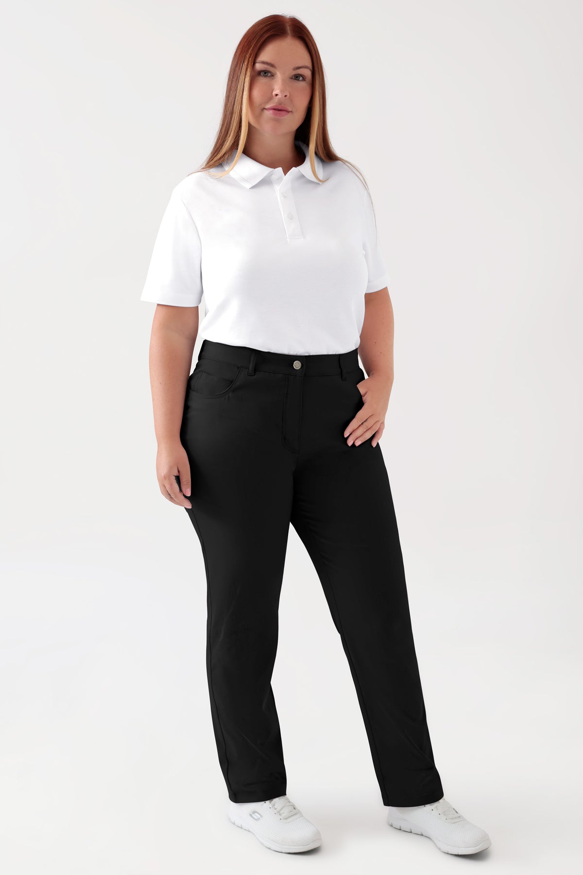 COMFY FLEX 5-pocket broek dames - rechte pijp zwart, Voorzijde view Het model is 173 cm lang en draagt maat 46