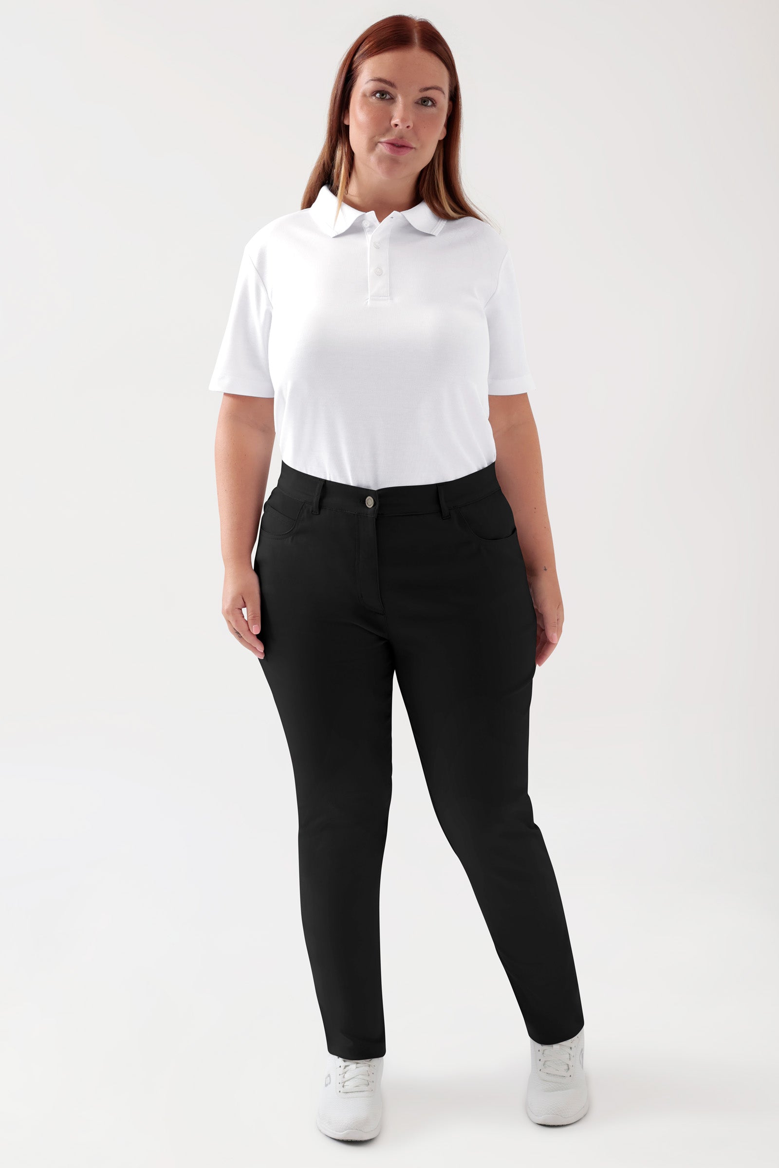 COMFY FLEX 5-pocket broek dames - slanke pijp zwart, Voorzijde view Het model is 173 cm lang en draagt maat 46