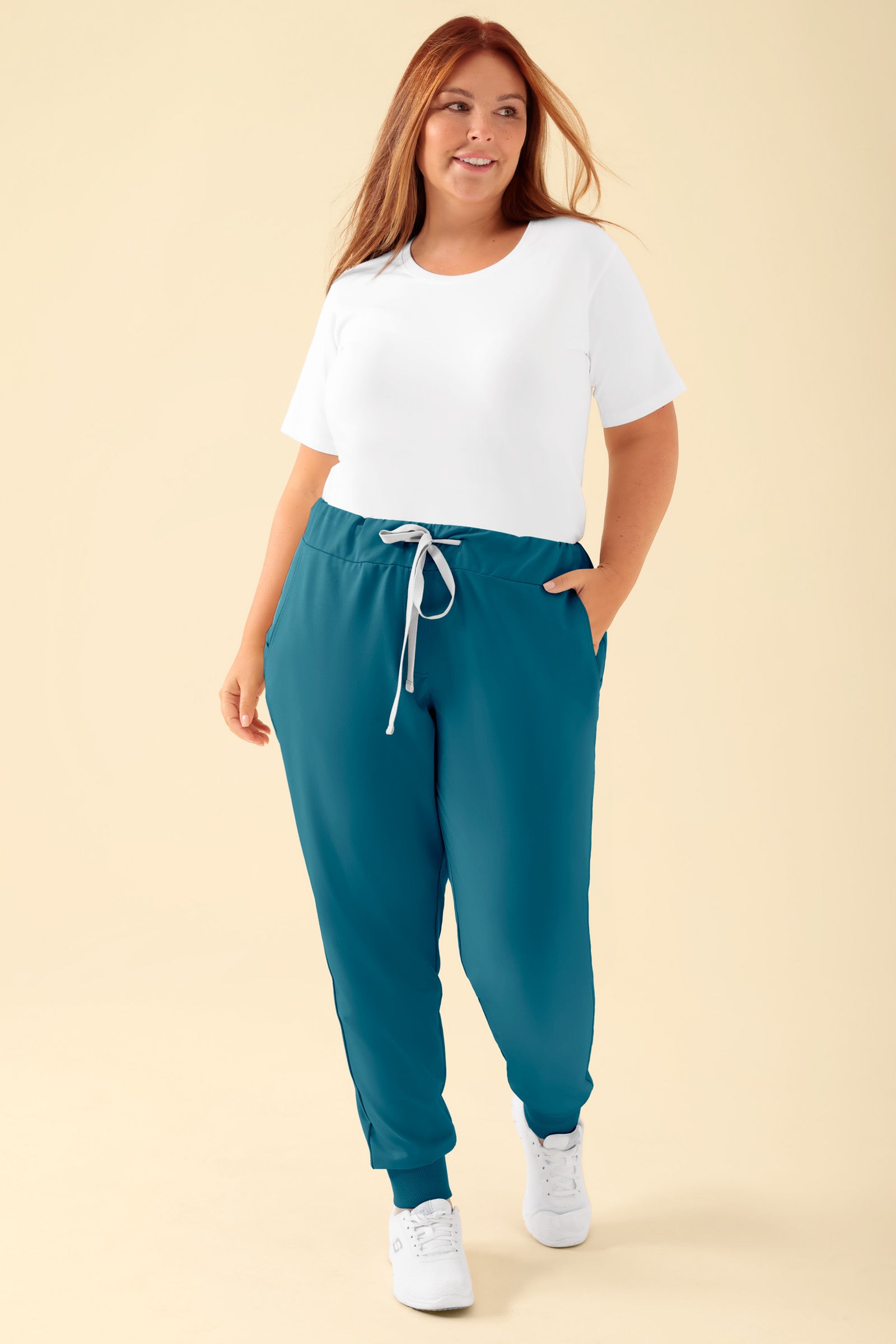 KAERE broek dames - zoom met elastische boord zonder beenzak petrol, Voorzijde view Het model is 173 cm lang en draagt maat XL