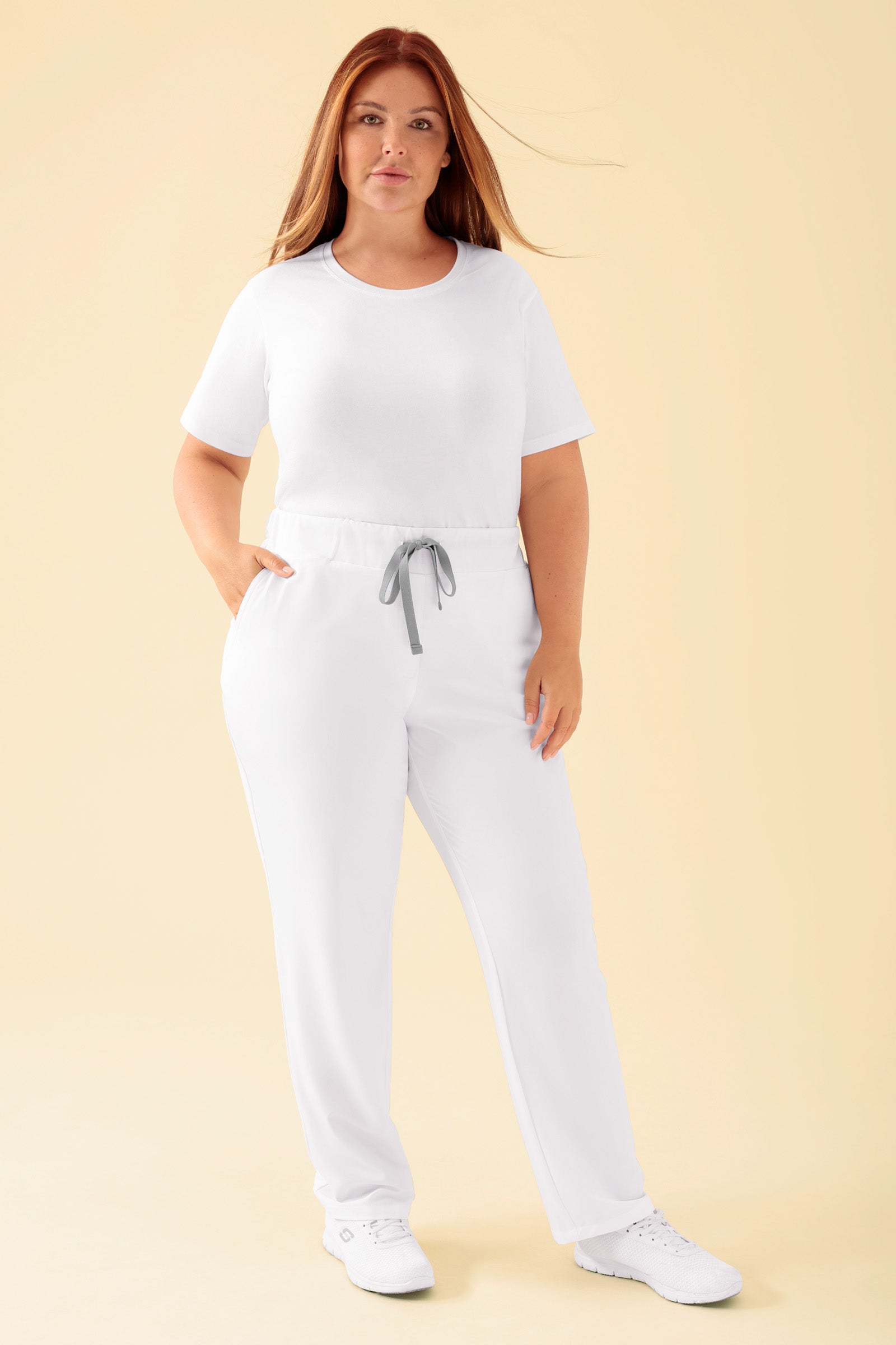 KAERE broek dames - zonder beenzak wit, Voorzijde view Het model is 173 cm lang en draagt maat XL