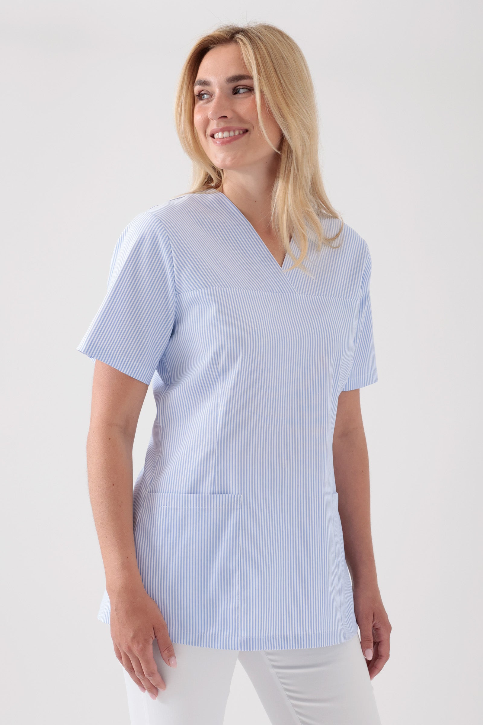 Stretch oversteektuniek dames - V-hals wit/blauw