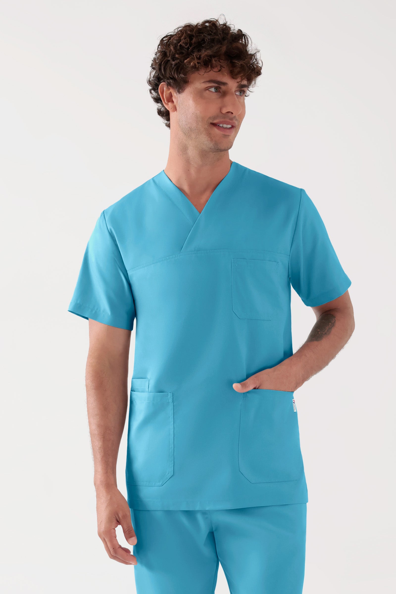 TENCEL™ oversteektuniek heren - V-hals donker turquoise, Voorzijde view