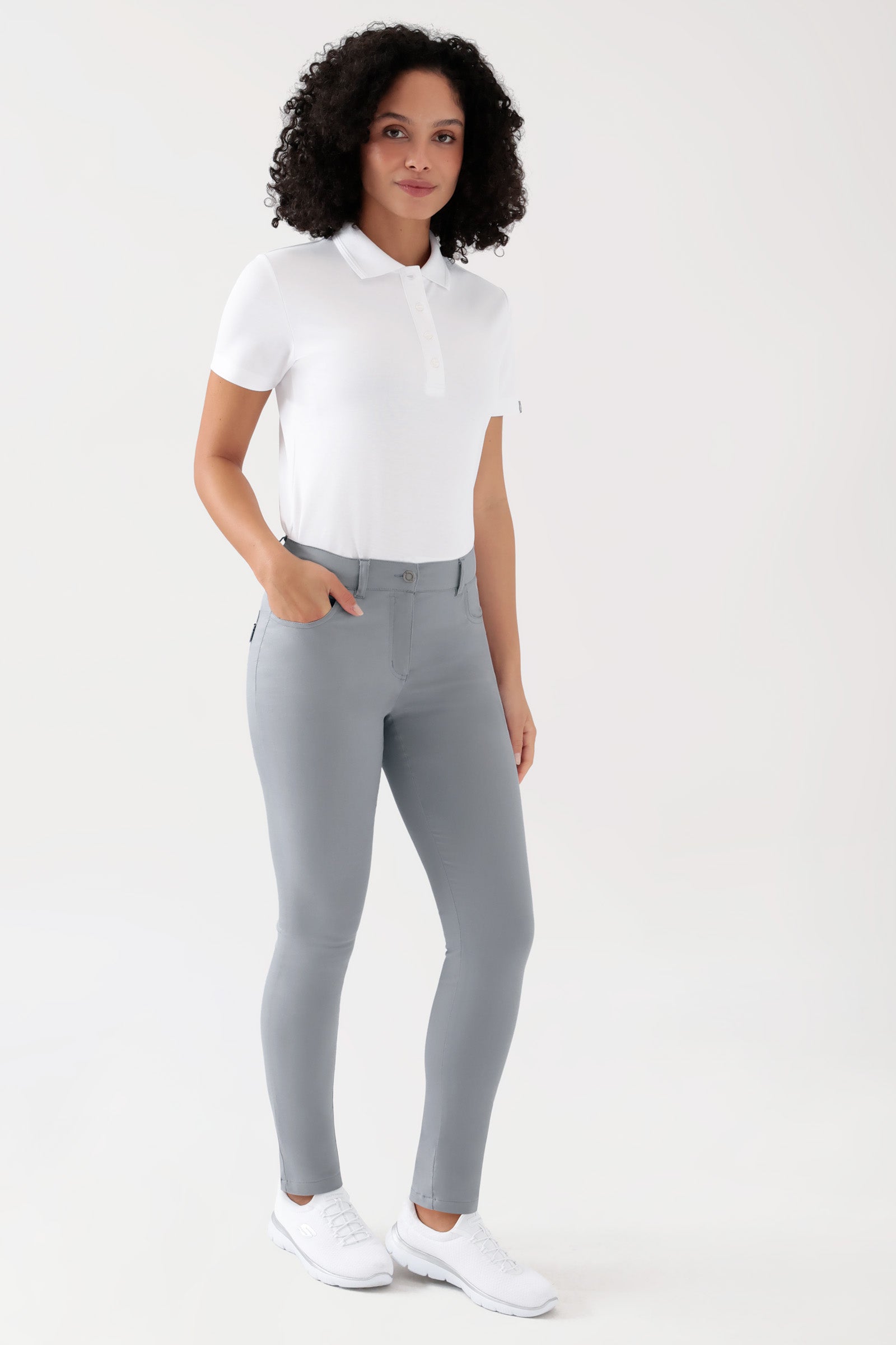 COMFY FLEX 5-pocket broek dames - slanke pijp grijs, Voorzijde view Het model is 176 cm lang en draagt maat 36
