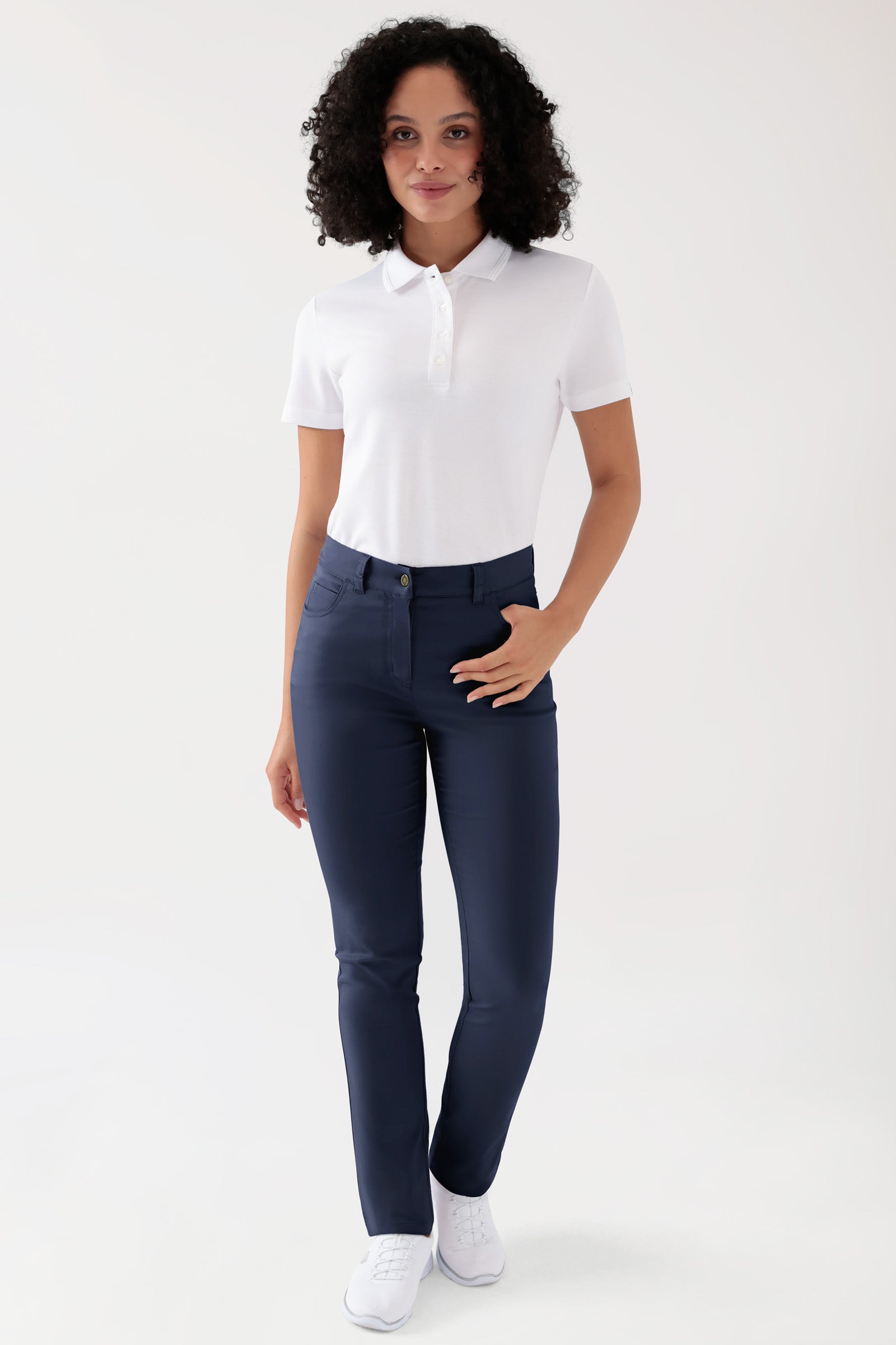 COMFY FLEX 5-pocket broek dames - rechte pijp navy, Voorzijde view Het model is 176 cm lang en draagt maat 36