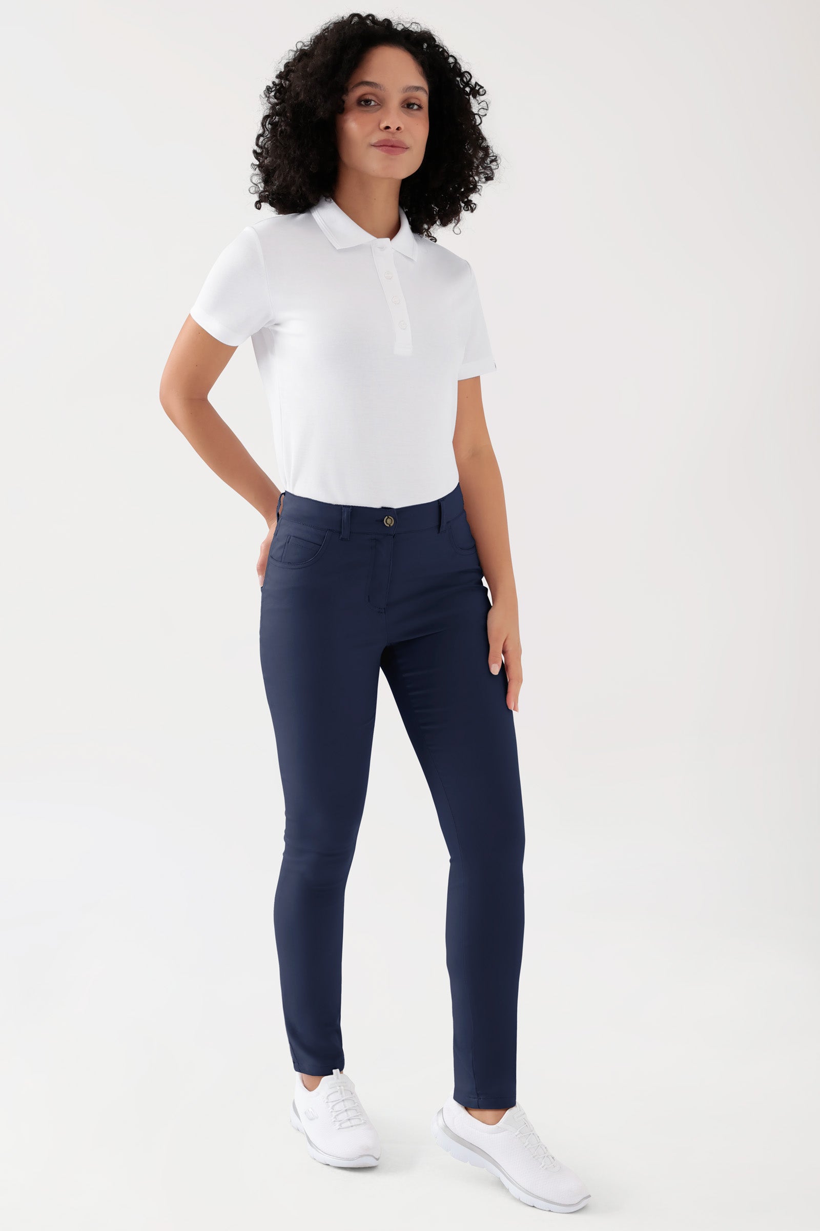 COMFY FLEX 5-pocket broek dames - slanke pijp navy, Voorzijde view Het model is 176 cm lang en draagt maat 36