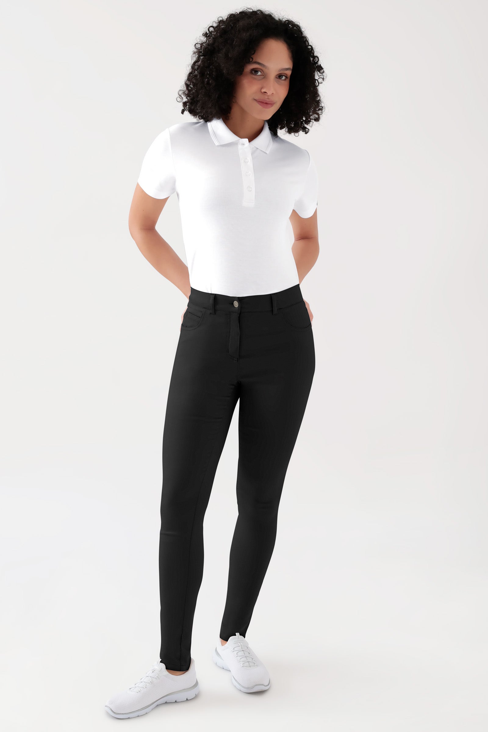 COMFY FLEX 5-pocket broek dames - slanke pijp zwart, Voorzijde view Het model is 176 cm lang en draagt maat 36
