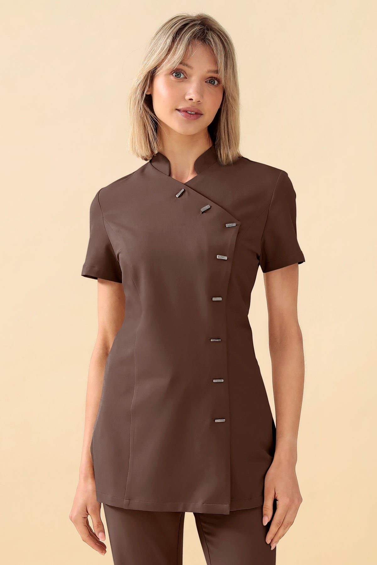 KAERE tuniek dames - asymetrische knoopsluiting coffee