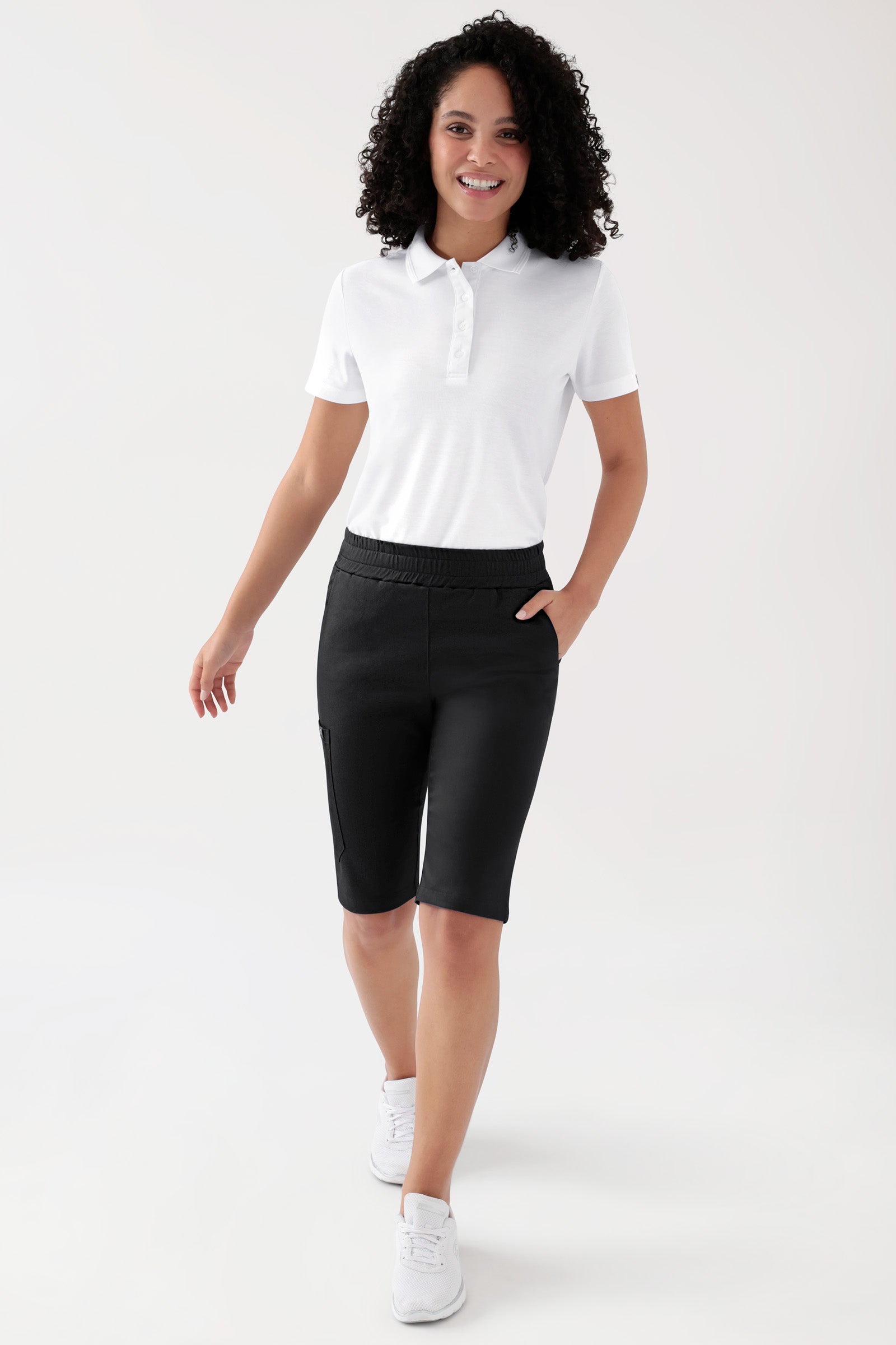 COMFY FLEX Stretch broek Unisex - bermuda zwart, Voorzijde view Het model is 176 cm lang en draagt maat S