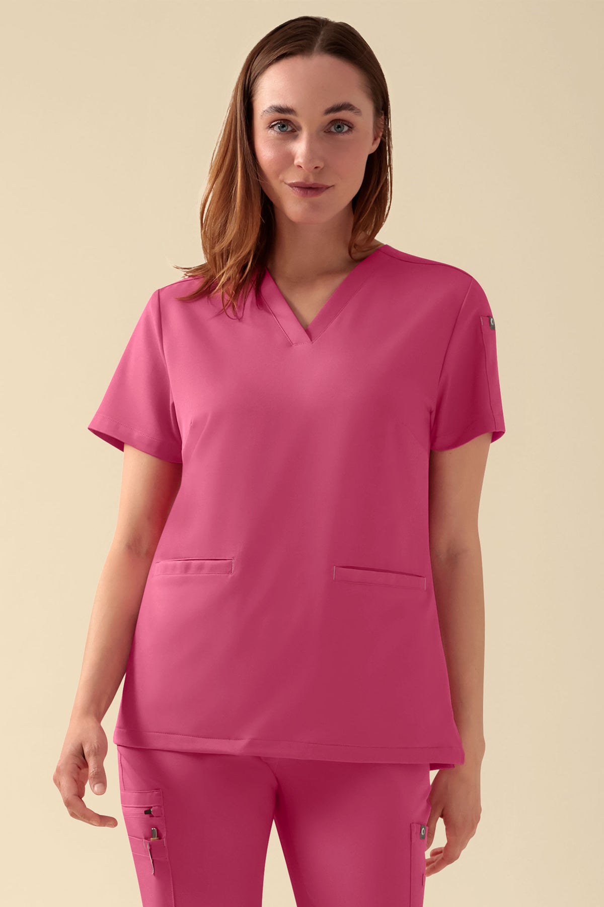 KAERE oversteektuniek dames - V-hals oud rose, Voorzijde view Het model is 177 cm lang en draagt maat S